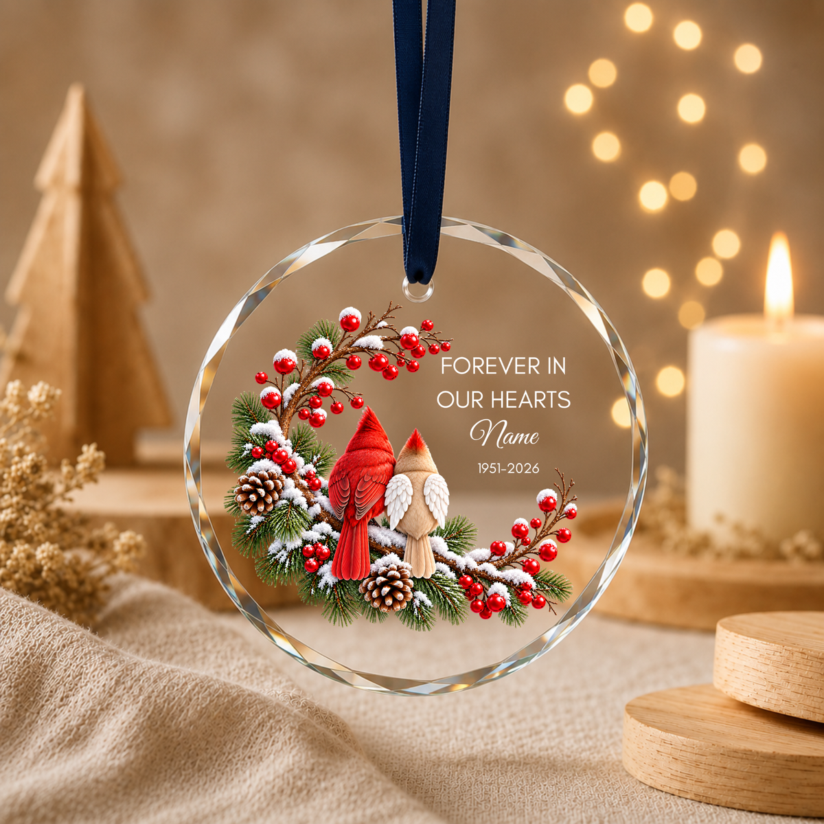 Personalised memorial Christmas ornament Design D Forever in our hearts with candle