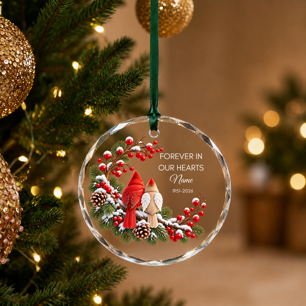 Personalised memorial Christmas ornament Design D hanging on tree green ribbon