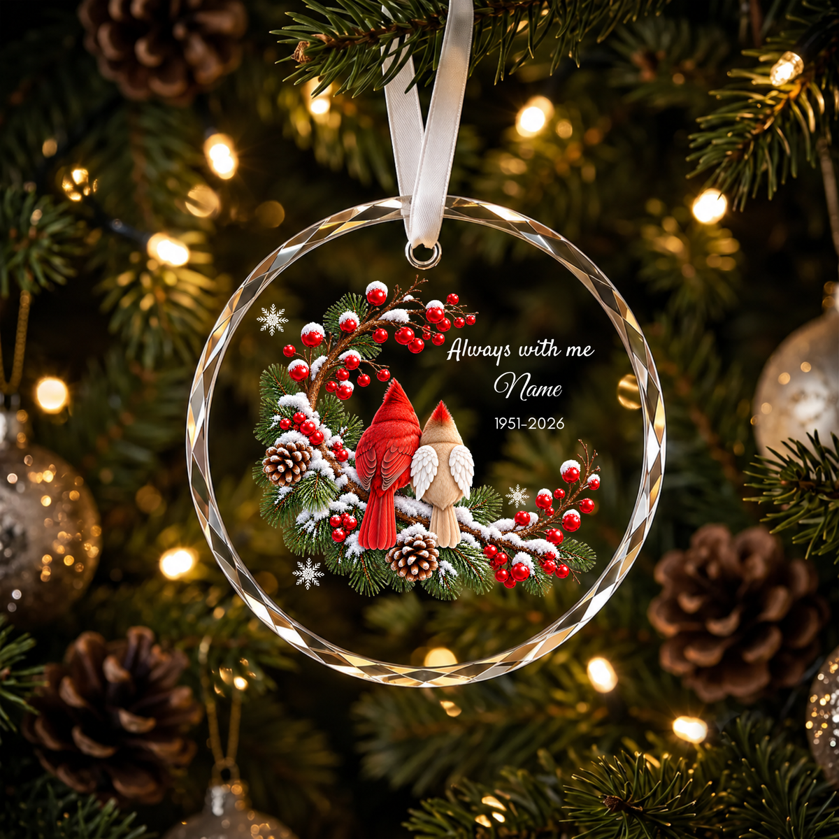Personalised memorial Christmas ornament Design B hanging on Christmas tree