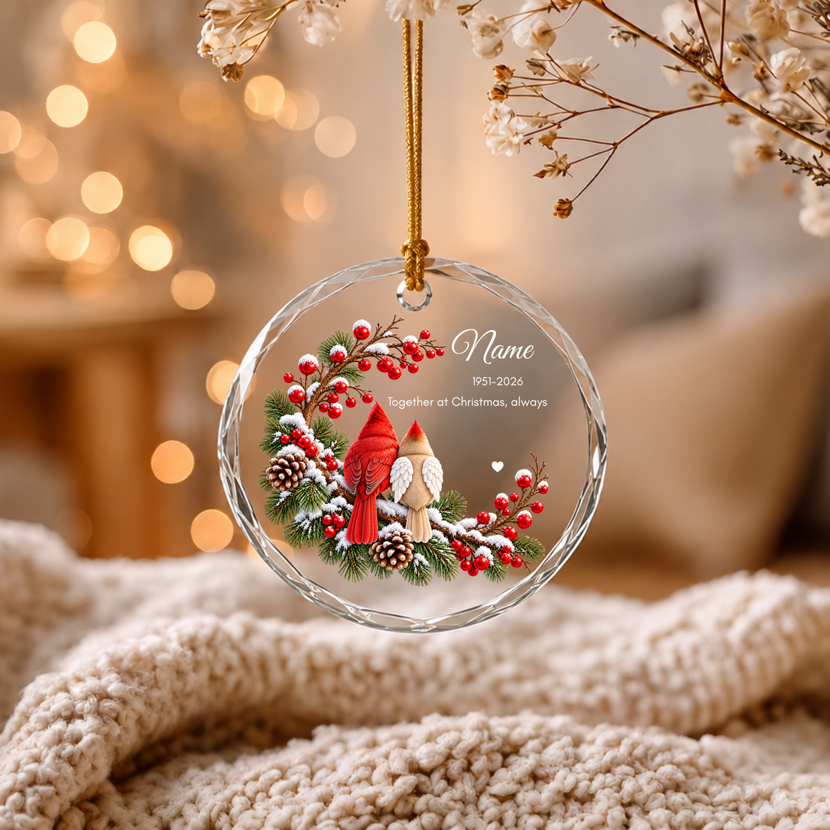 Personalised memorial Christmas ornament Design A hanging over knit blanket