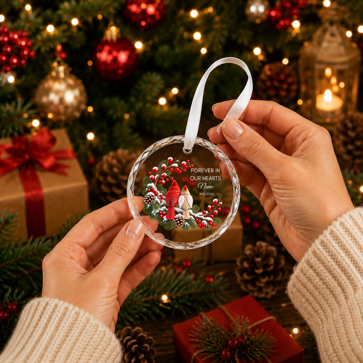 Personalised memorial Christmas ornament Design D held as Christmas memorial gift