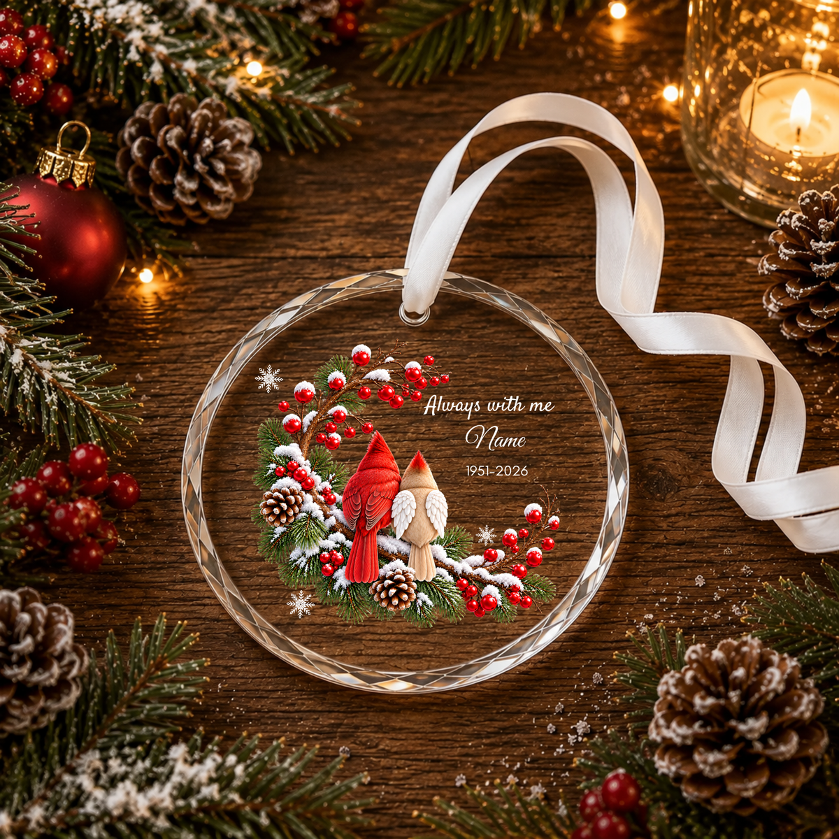 Personalised memorial Christmas ornament Design B on wood with candle