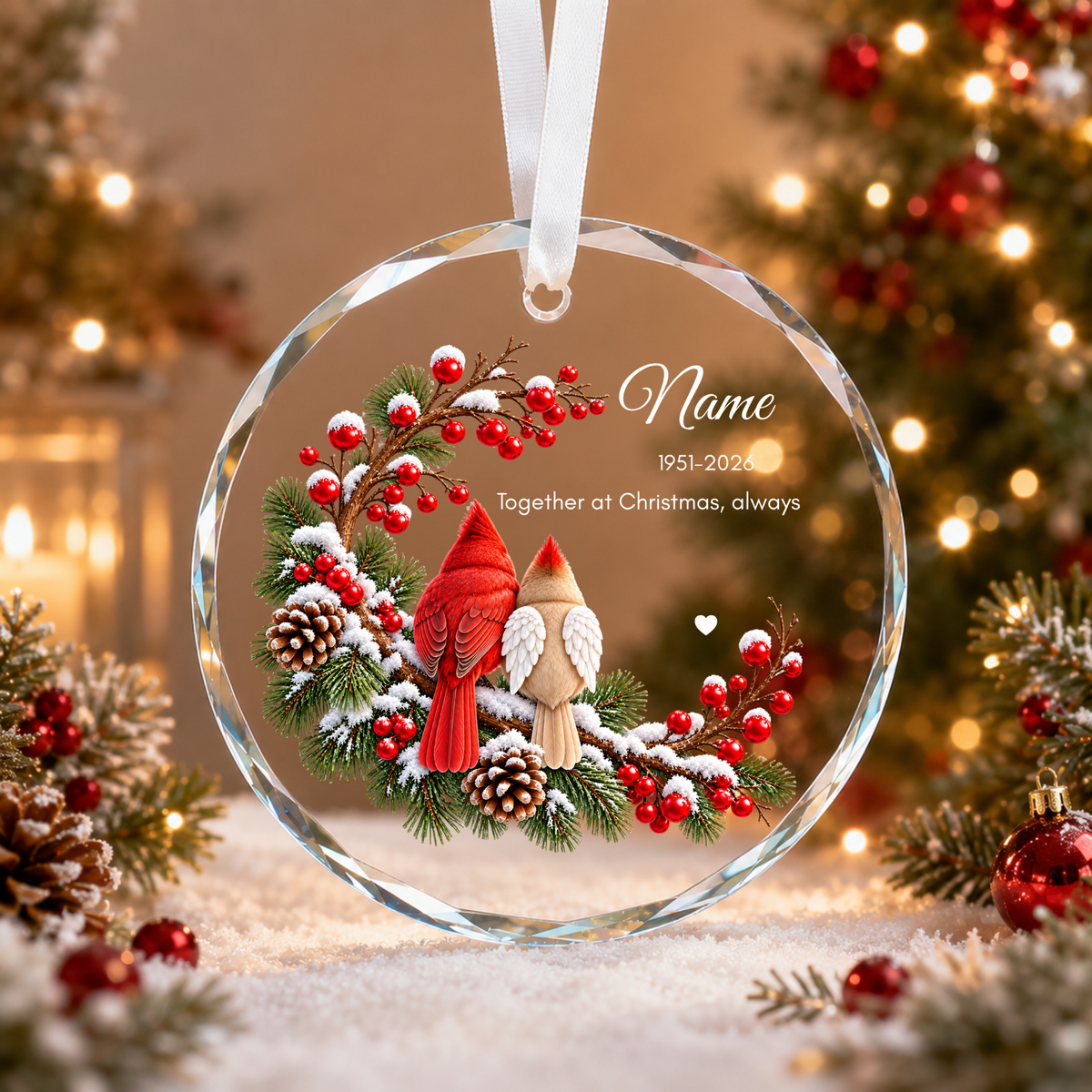 Personalised memorial Christmas ornament Design A hanging with Christmas lights