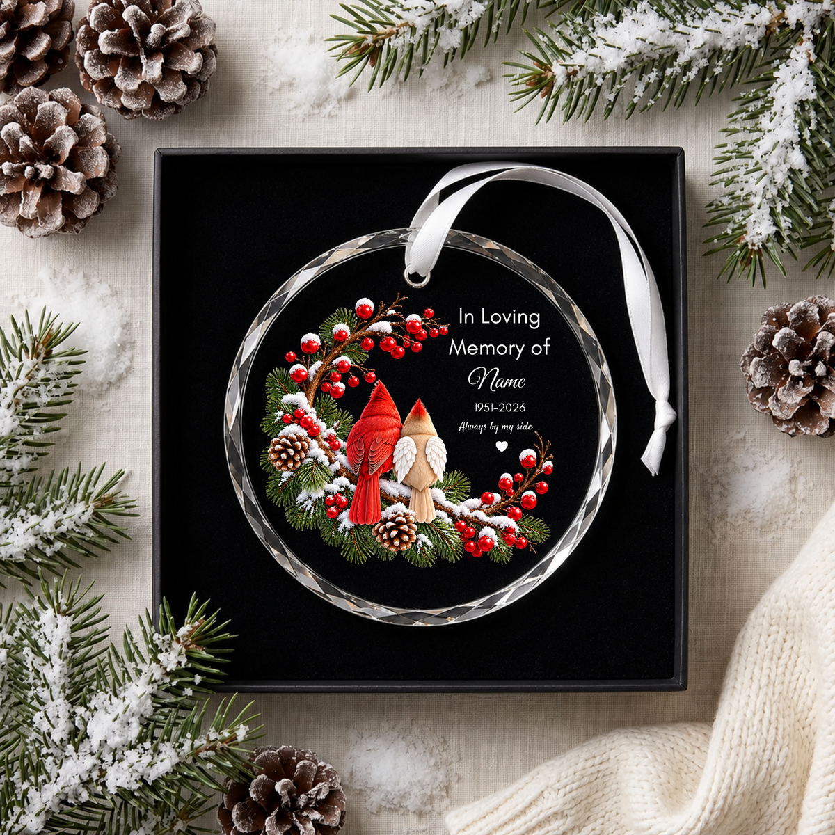 Personalised memorial Christmas ornament Design C in black gift box