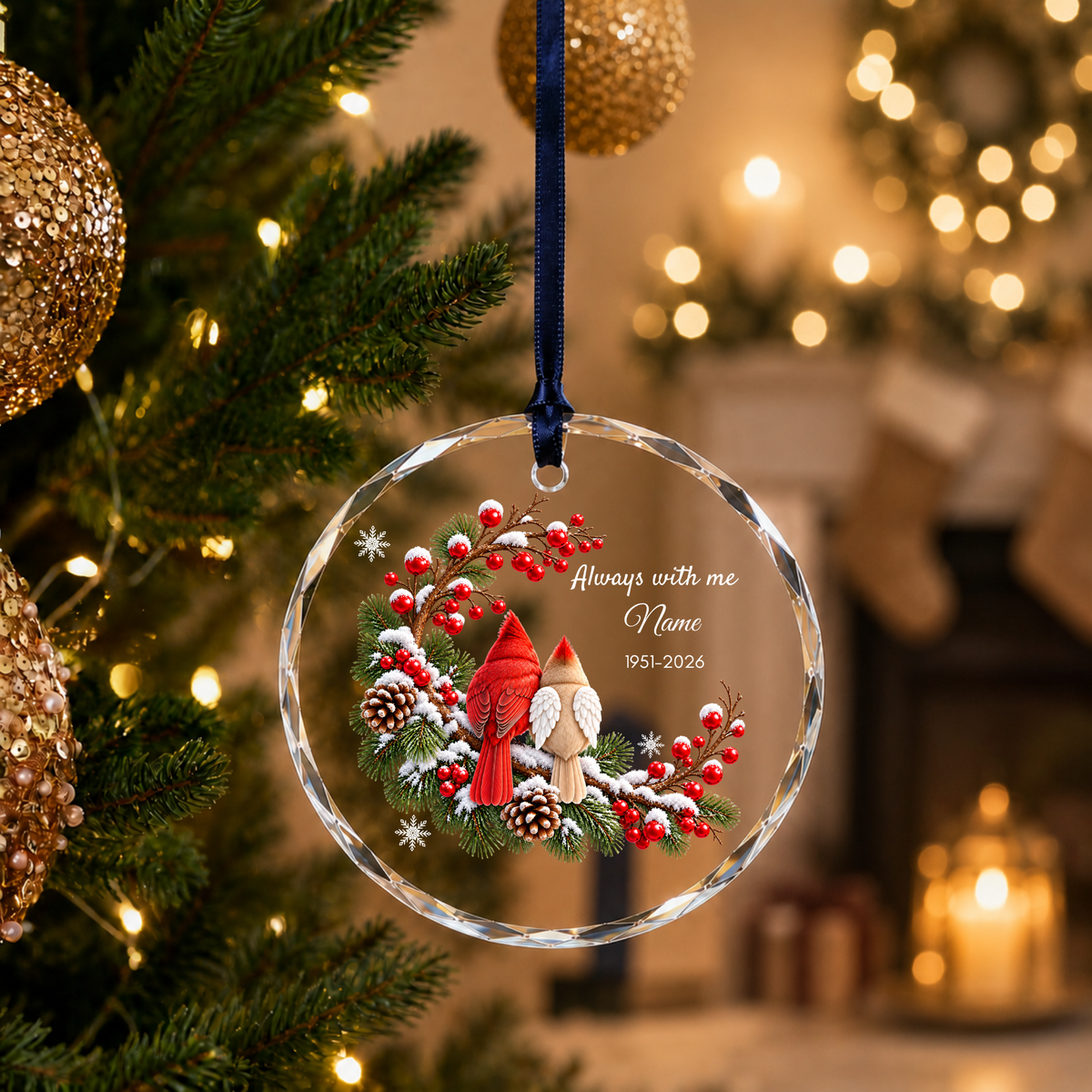 Personalised memorial Christmas ornament Design B navy ribbon on Christmas tree