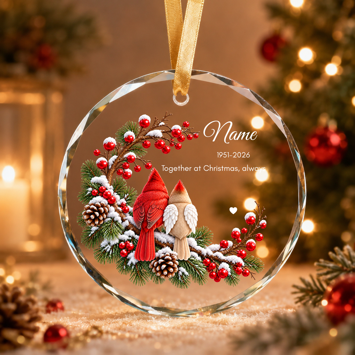 Personalised memorial Christmas ornament Design A gold ribbon festive setting