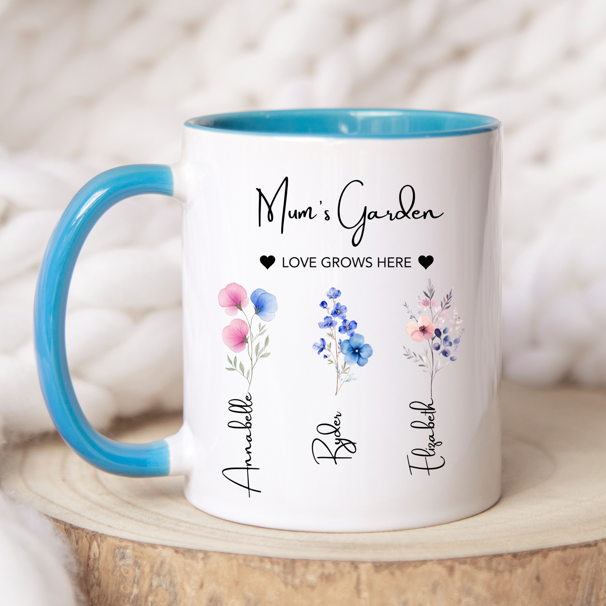 Mum's Garden Mug. Personalised Mum's Garden Mug. Mum Mug with the kids names. Flower Mug for Mum. Garden Mug Mum. Custom Flower mug for Mum
