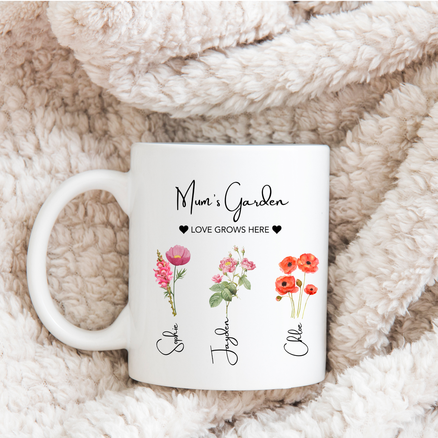 Mum's Garden Mug. Personalised Mum's Garden Mug. Mum Mug with the kids names. Flower Mug for Mum. Garden Mug Mum. Custom Flower mug for Mum