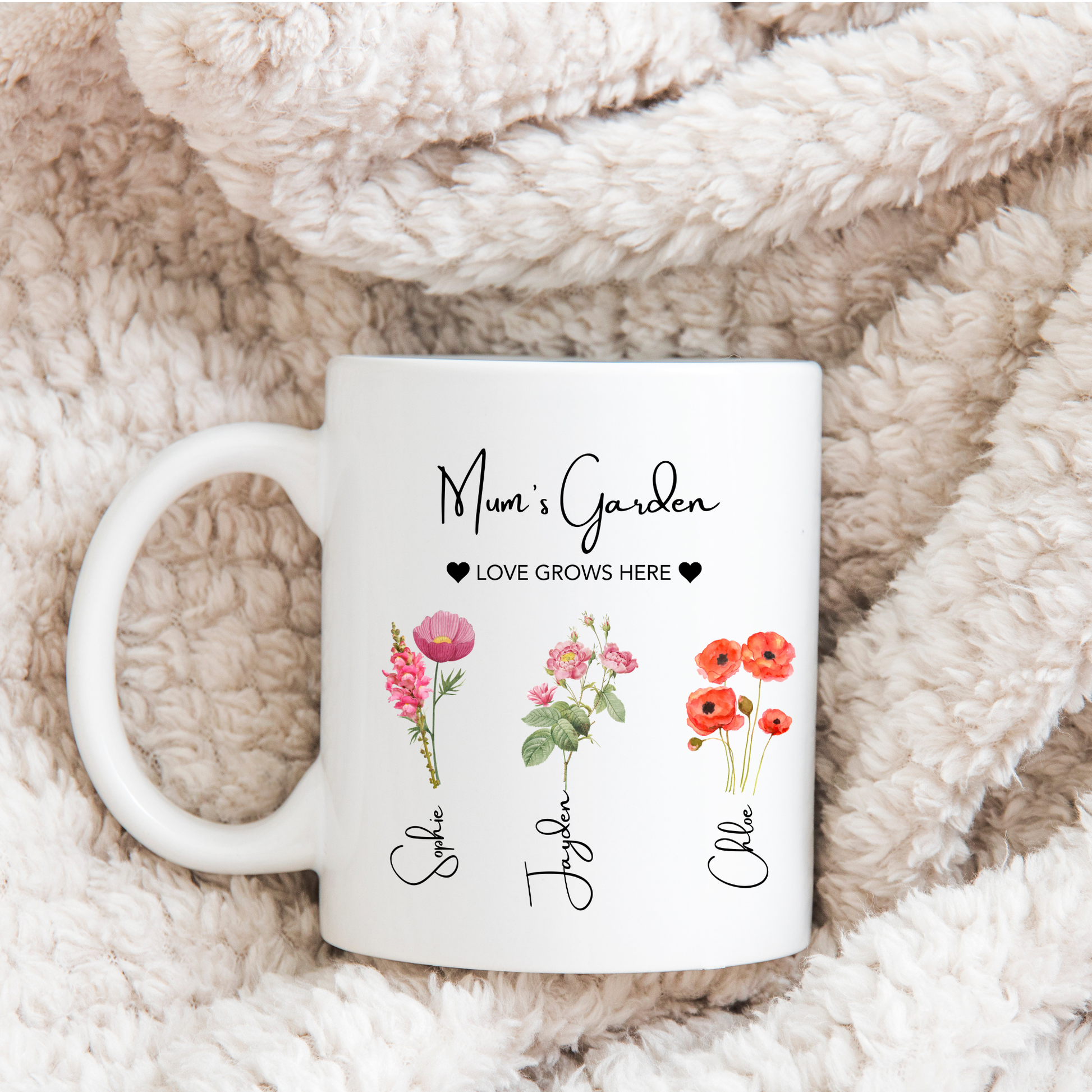 Mum's Garden Mug. Personalised Mum's Garden Mug. Mum Mug with the kids names. Flower Mug for Mum. Garden Mug Mum. Custom Flower mug for Mum