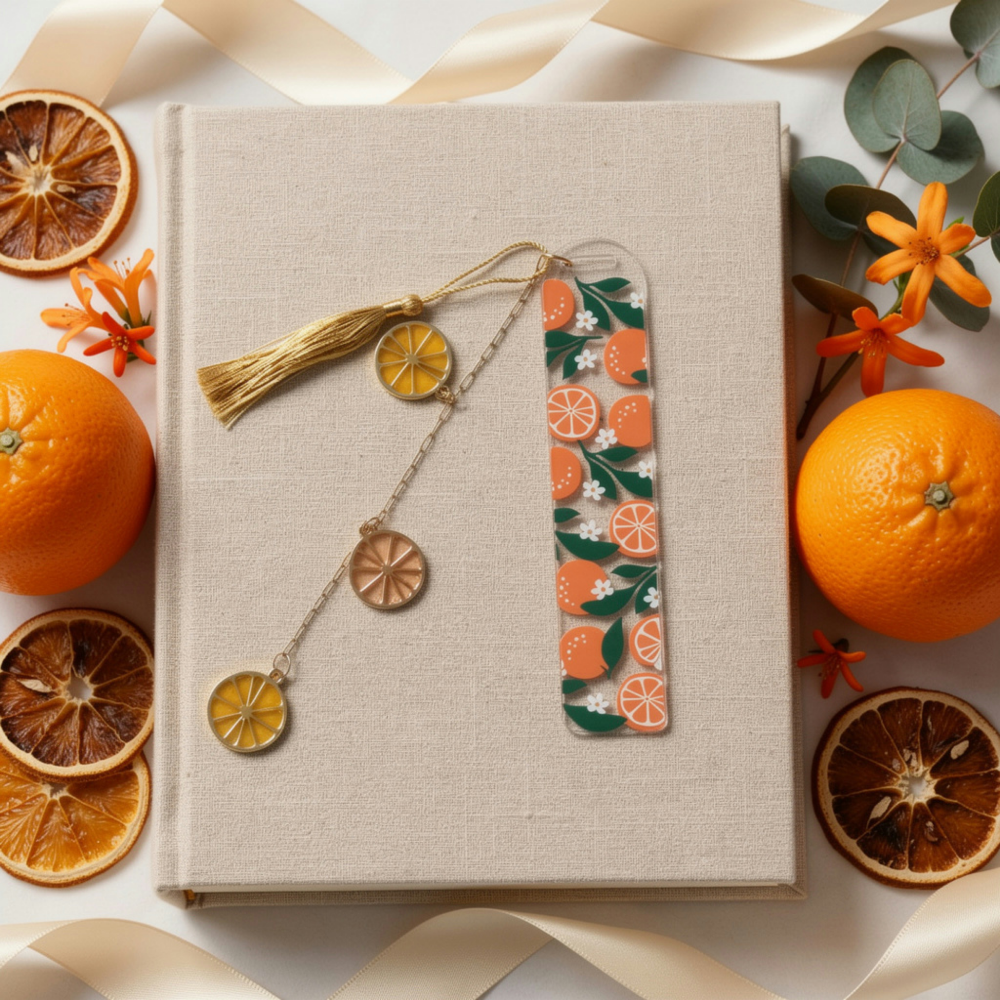 Orange Bookmark. Orange Acrylic Bookmark with Citrus Charms. Orange Bookmark for Book Lovers. Orange Lover Bookmark Gift. Citrus Bookmark