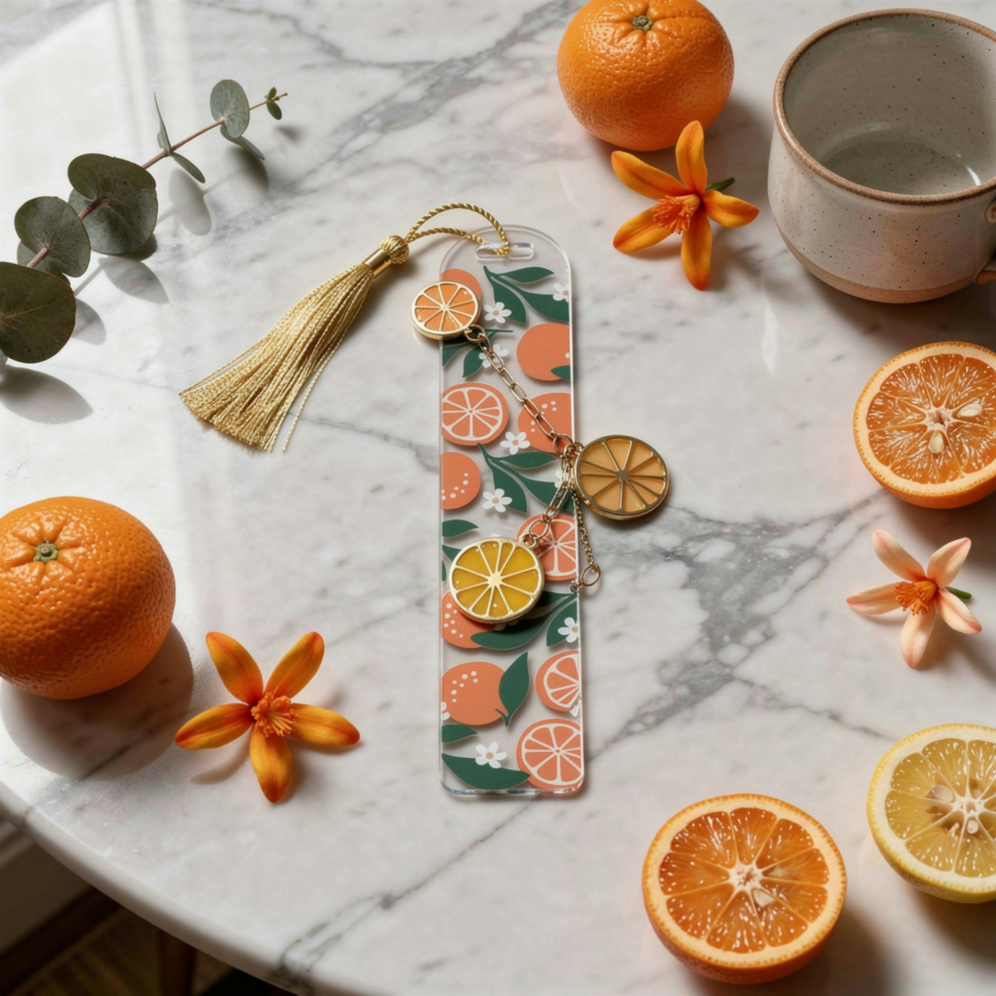 Orange Bookmark. Orange Acrylic Bookmark with Citrus Charms. Orange Bookmark for Book Lovers. Orange Lover Bookmark Gift. Citrus Bookmark