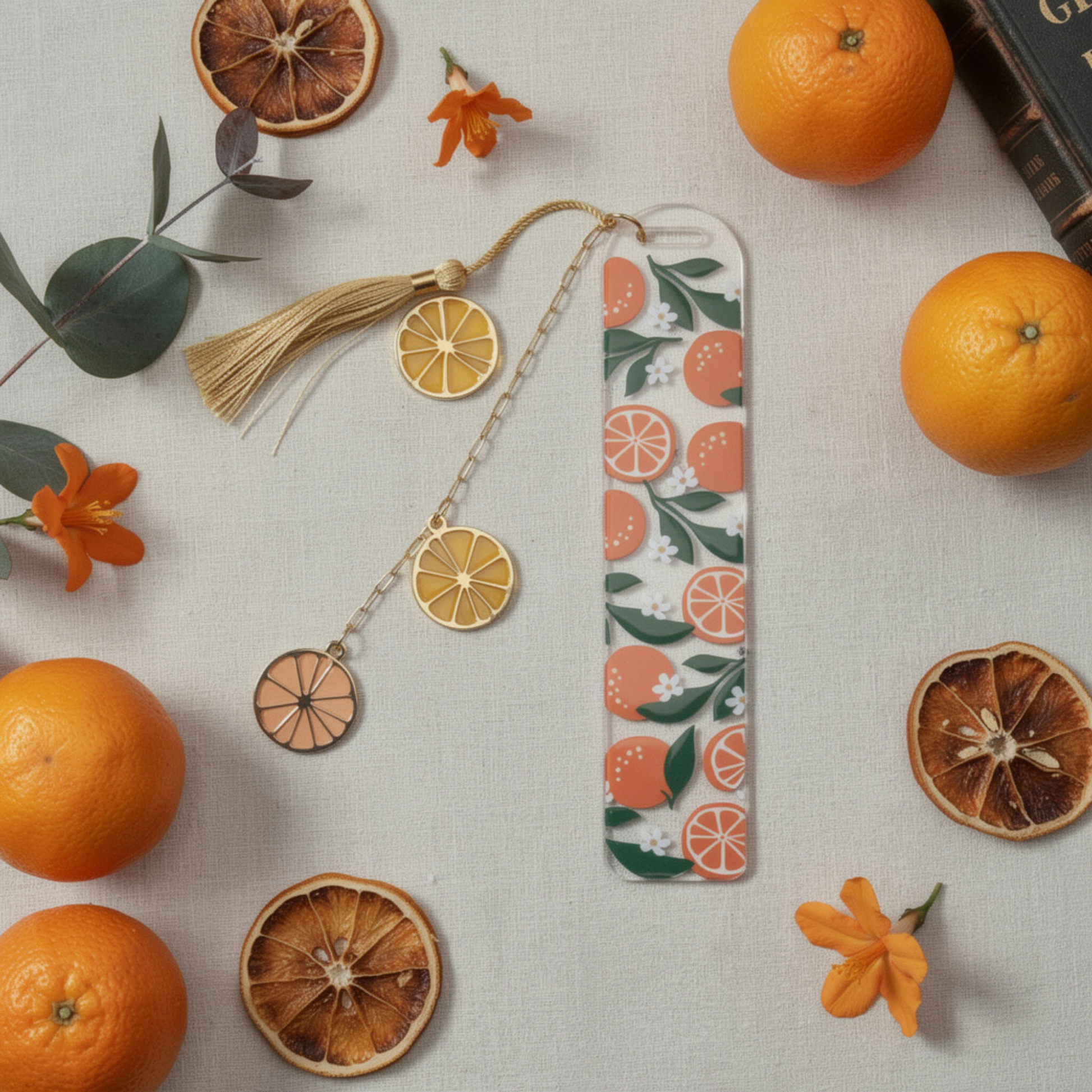 Orange Bookmark. Orange Acrylic Bookmark with Citrus Charms. Orange Bookmark for Book Lovers. Orange Lover Bookmark Gift. Citrus Bookmark