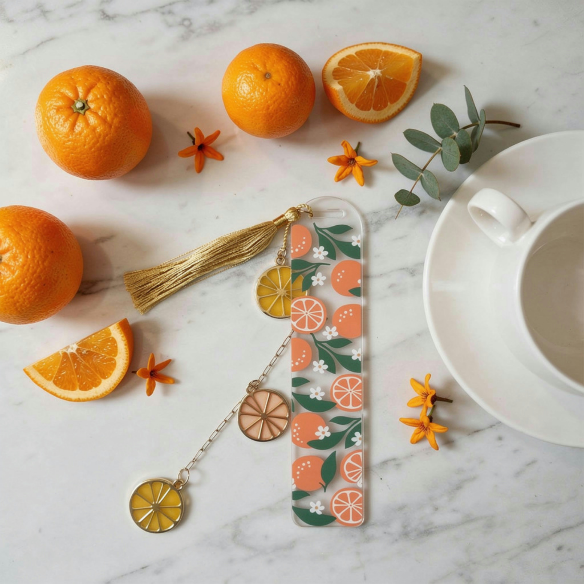 Orange Bookmark. Orange Acrylic Bookmark with Citrus Charms. Orange Bookmark for Book Lovers. Orange Lover Bookmark Gift. Citrus Bookmark