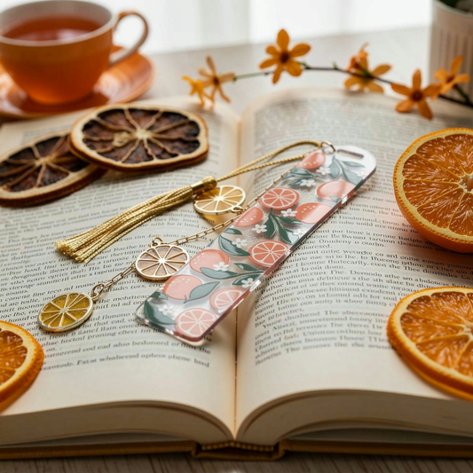 Orange Bookmark. Orange Acrylic Bookmark with Citrus Charms. Orange Bookmark for Book Lovers. Orange Lover Bookmark Gift. Citrus Bookmark