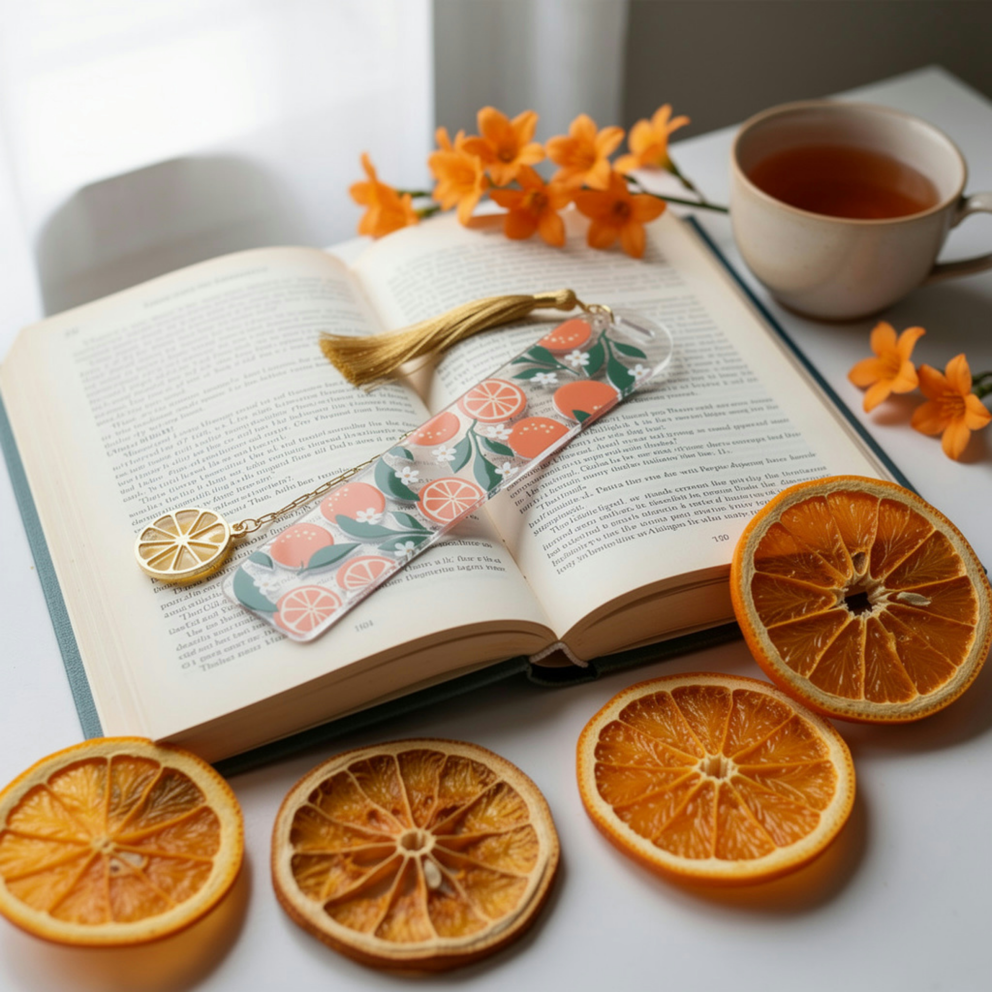 Orange Bookmark. Orange Acrylic Bookmark with Citrus Charms. Orange Bookmark for Book Lovers. Orange Lover Bookmark Gift. Citrus Bookmark