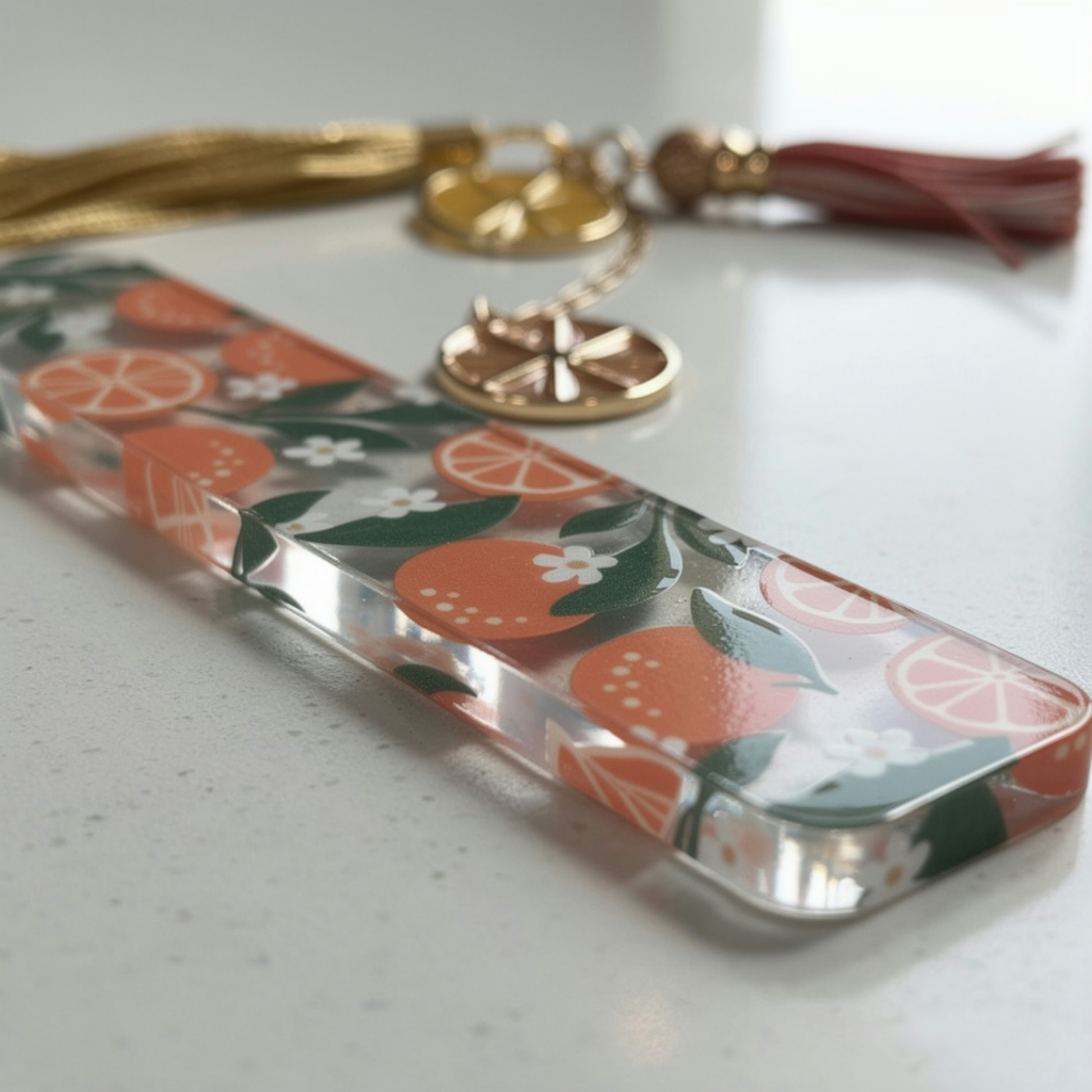 Orange Bookmark. Orange Acrylic Bookmark with Citrus Charms. Orange Bookmark for Book Lovers. Orange Lover Bookmark Gift. Citrus Bookmark
