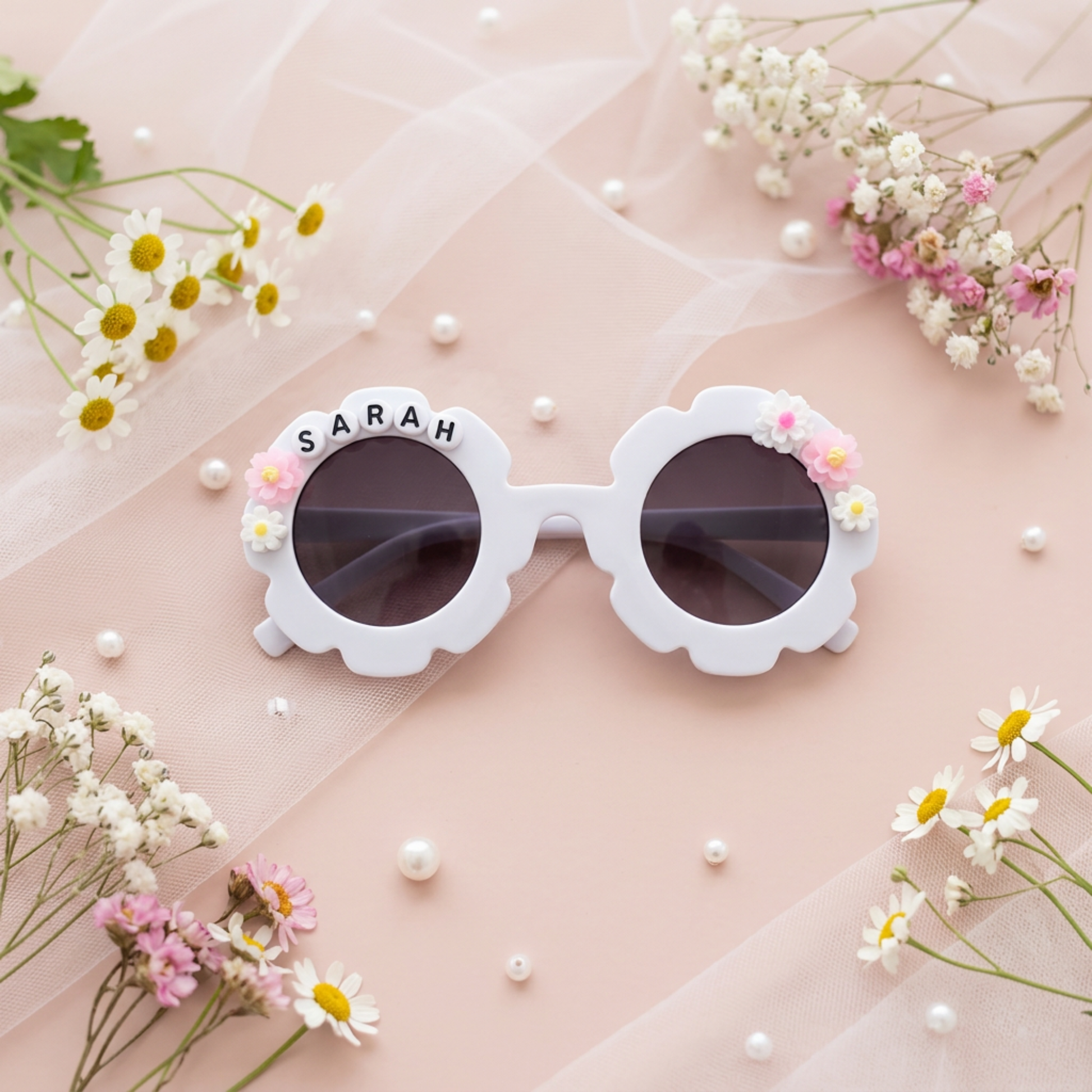 Personalised Kids Sunglasses with Name, Flower Daisy Sunglasses for Girls, Custom Kids Sunglass