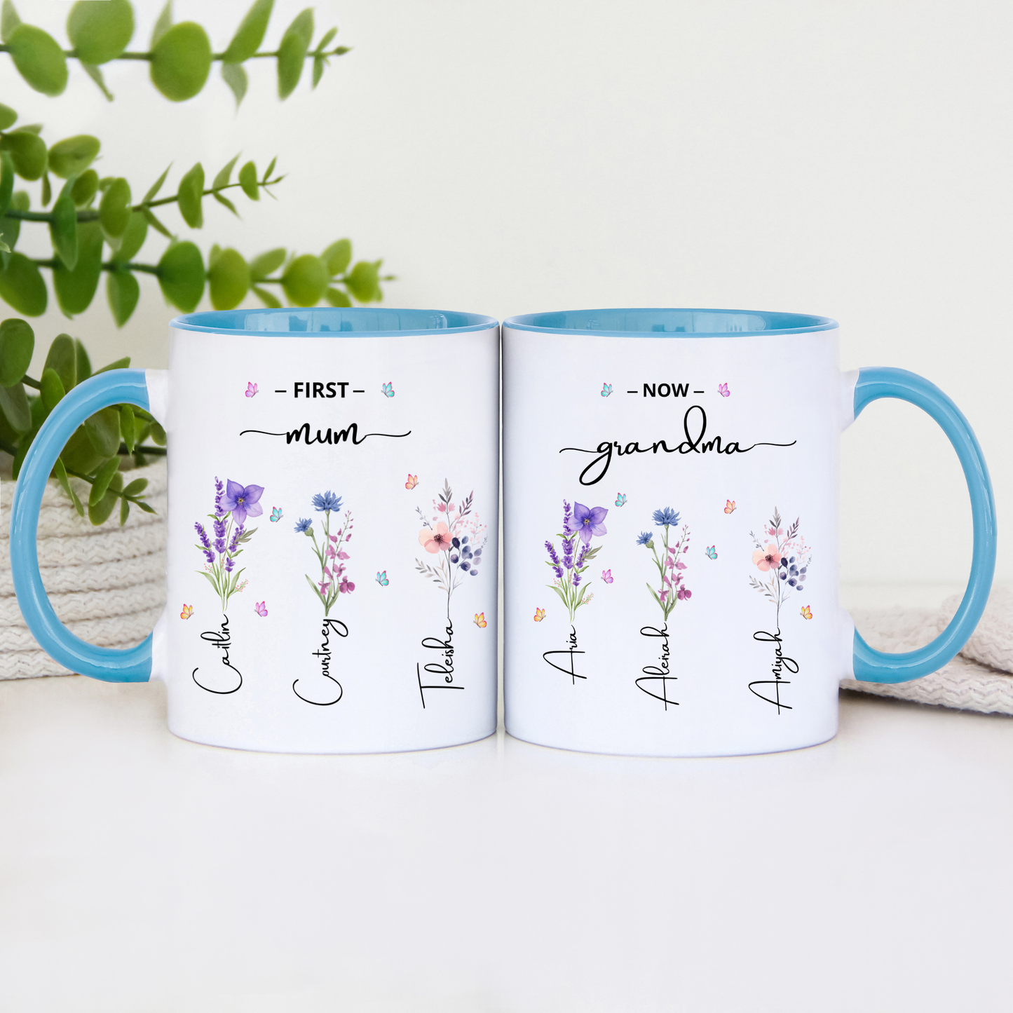 First Mum Now Grandma Mug with kids and grandkids names and floral design, custom grandma coffee mug
