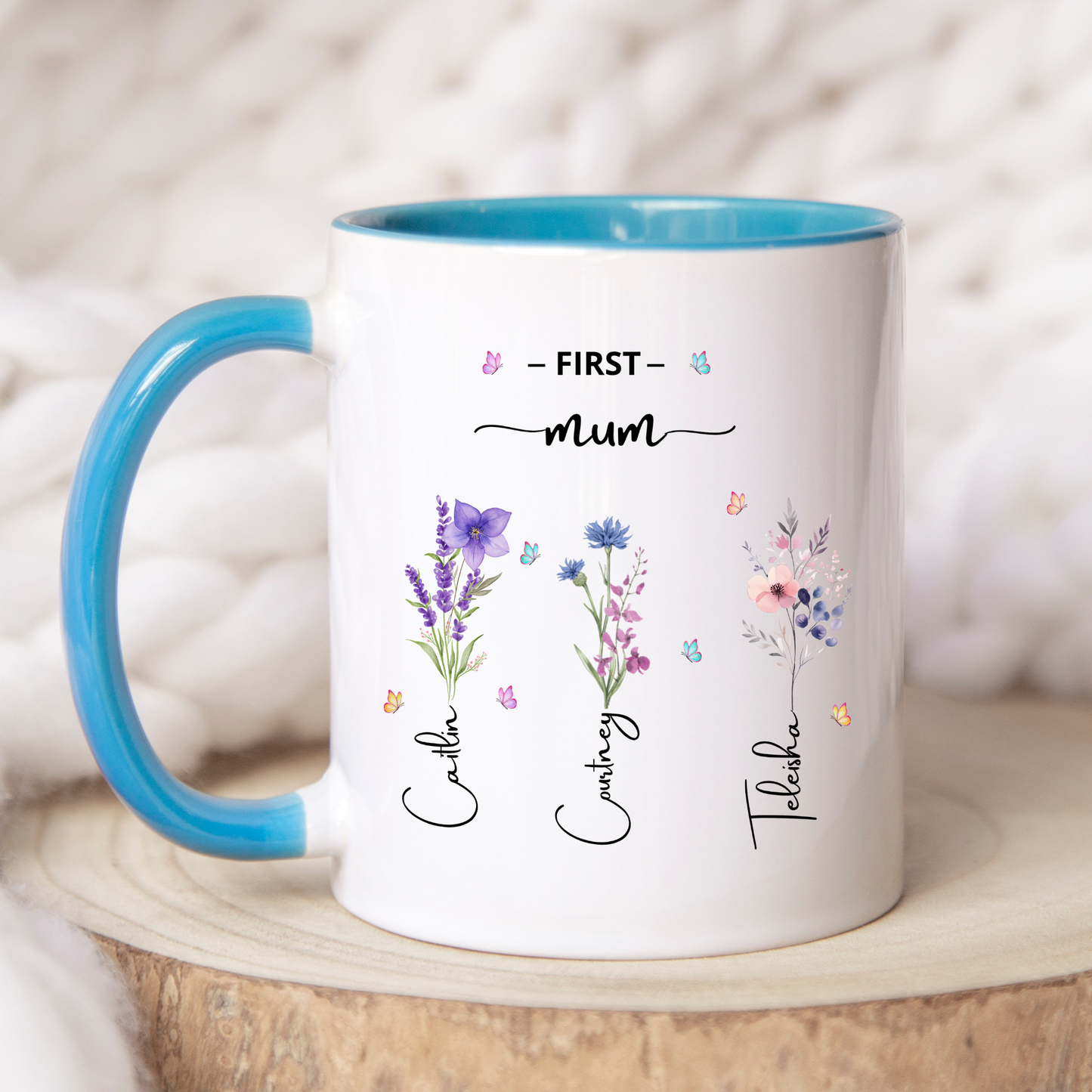 First Mum Now Grandma Mug with kids and grandkids names and floral design, custom grandma coffee mug