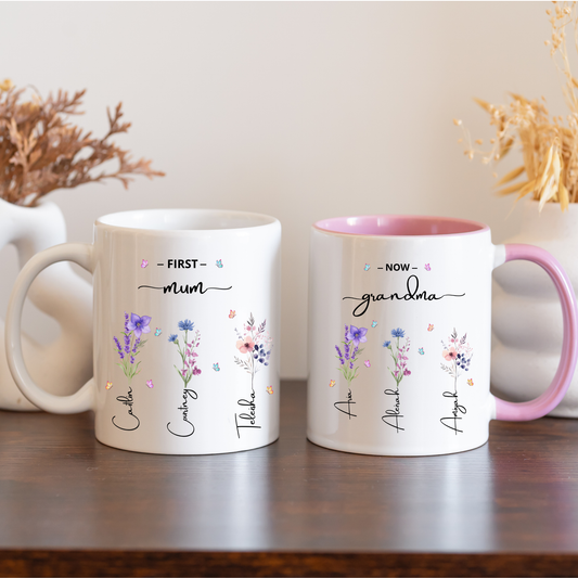 Personalised First Mum Now Grandma Mug with kids and grandkids names and floral design, custom grandma coffee mug gift idea
