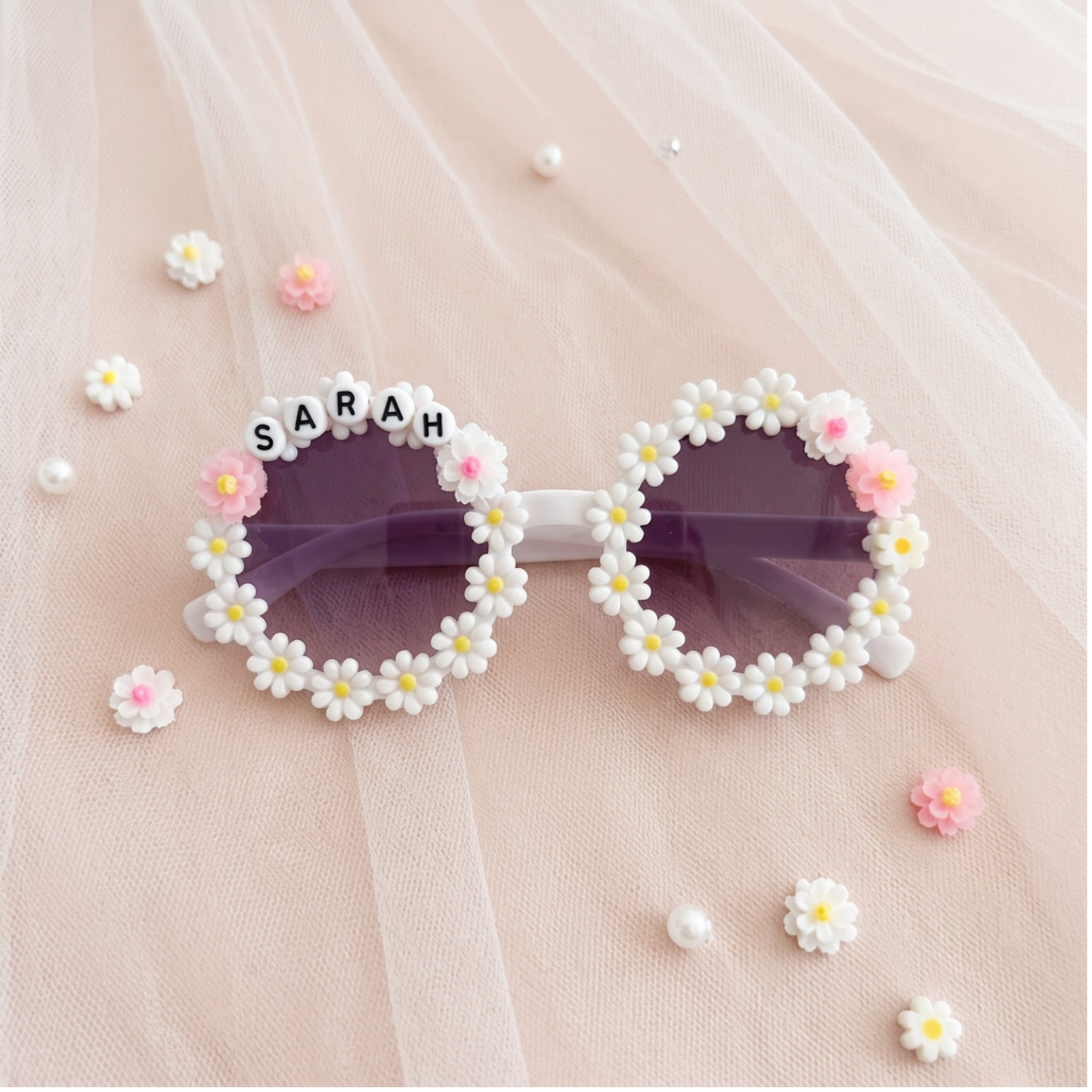 Personalised Kids Sunglasses with Name, Flower Daisy Sunglasses for Girls Custom Kids Sunglasses with Name