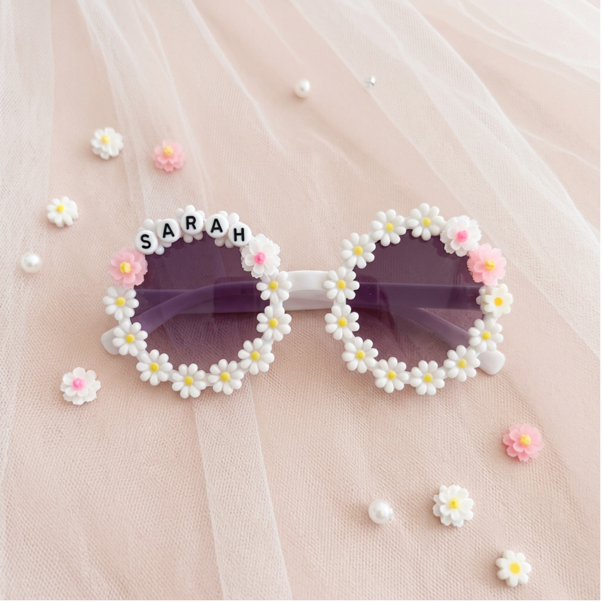 Personalised Kids Sunglasses with Name, Flower Daisy Sunglasses for Girls Custom Kids Sunglasses with Name