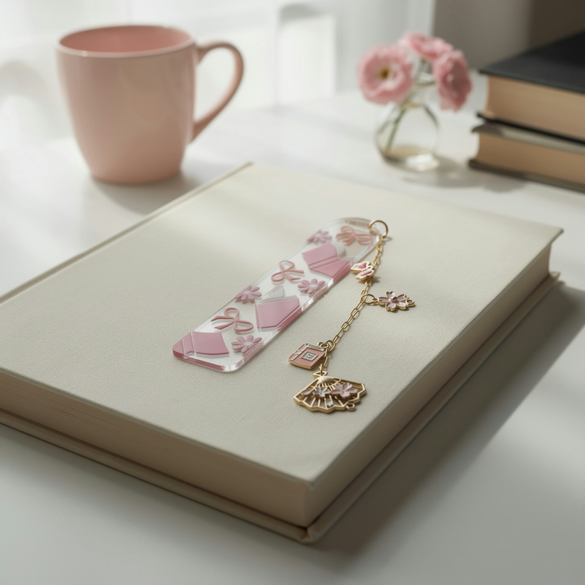 Pink Bookmarks with Charms, Cute Acrylic Bookmark, Coquette Bow Bookmark, Cherry Blossom Floral Bookmark, Book Lover Gift, Aesthetic Reading Gift
