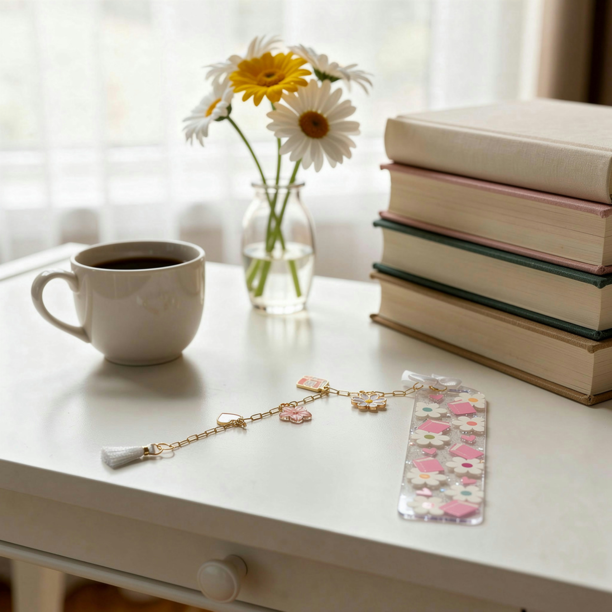 Pink Books Bookmark. Floral Book Lover Bookmark. Pink Daisy Bookmark