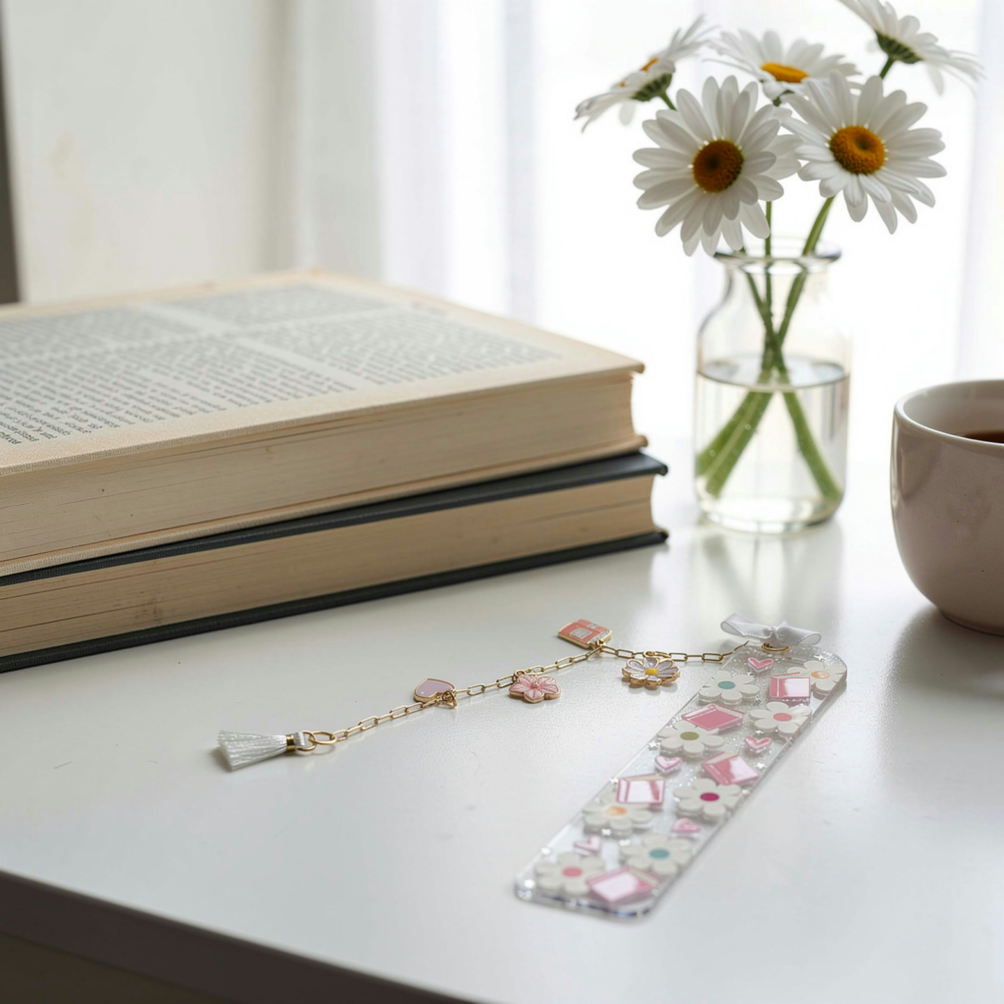 Pink Books Bookmark. Floral Book Lover Bookmark. Pink Daisy Bookmark