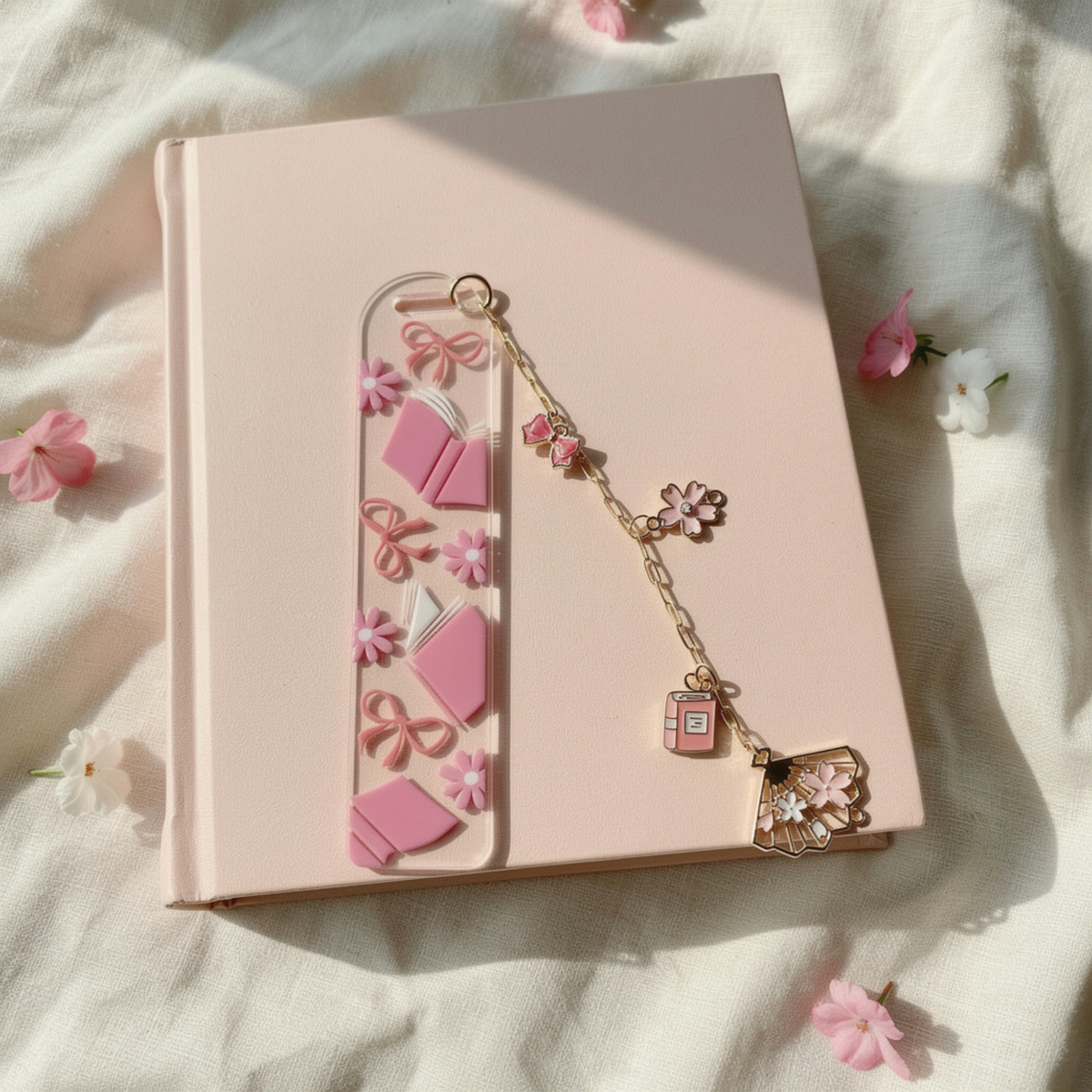 Pink Bookmarks with Charms, Cute Acrylic Bookmark, Coquette Bow Bookmark, Cherry Blossom Floral Bookmark, Book Lover Gift, Aesthetic Reading Gift