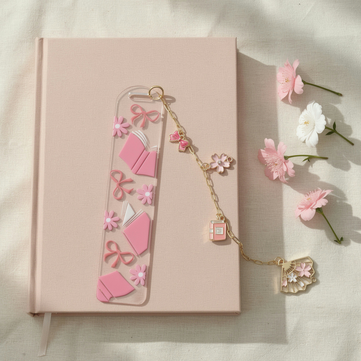 Pink Bookmarks with Charms, Cute Acrylic Bookmark, Coquette Bow Bookmark, Cherry Blossom Floral Bookmark, Book Lover Gift, Aesthetic Reading Gift