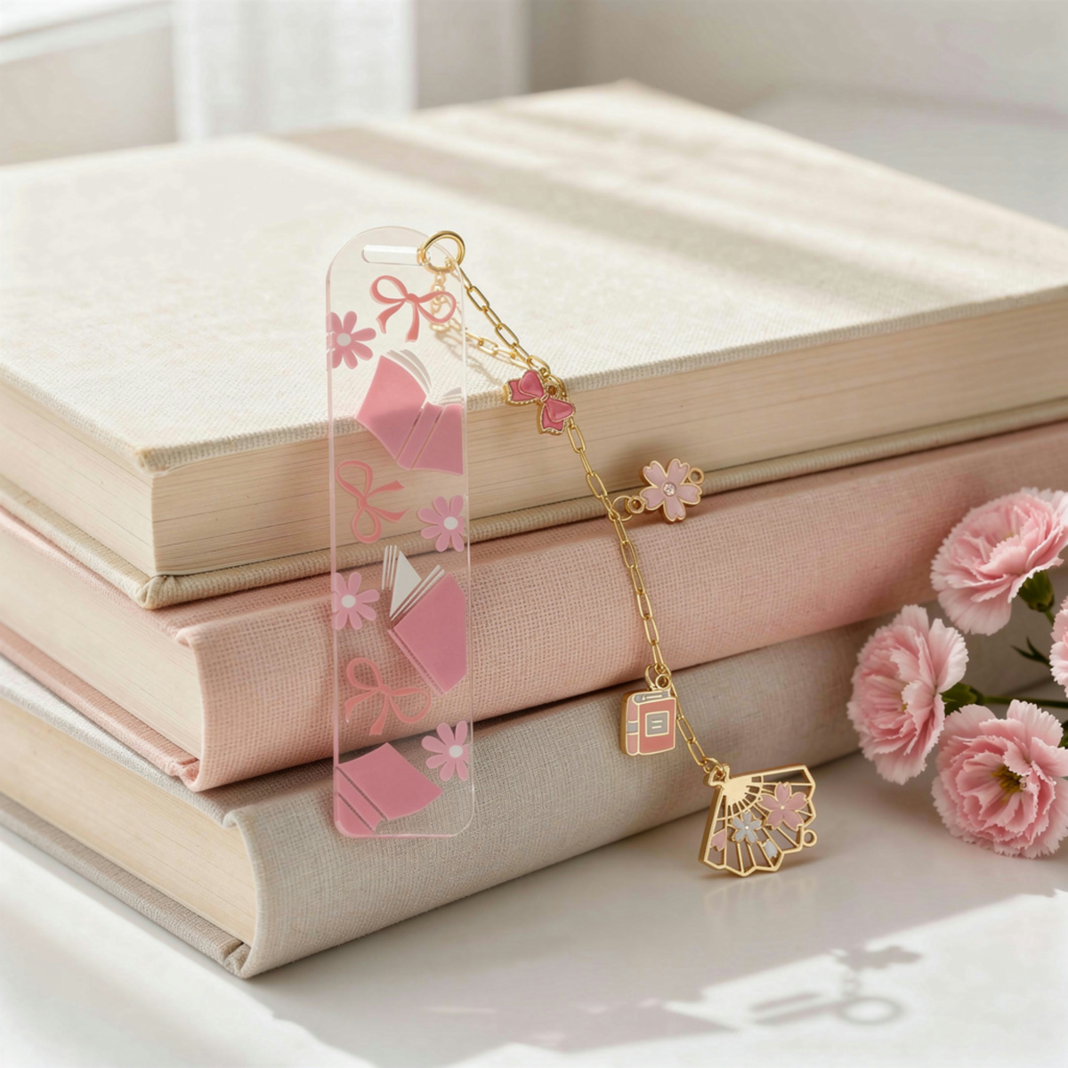 Pink Bookmarks with Charms, Cute Acrylic Bookmark, Coquette Bow Bookmark, Cherry Blossom Floral Bookmark, Book Lover Gift, Aesthetic Reading Gift