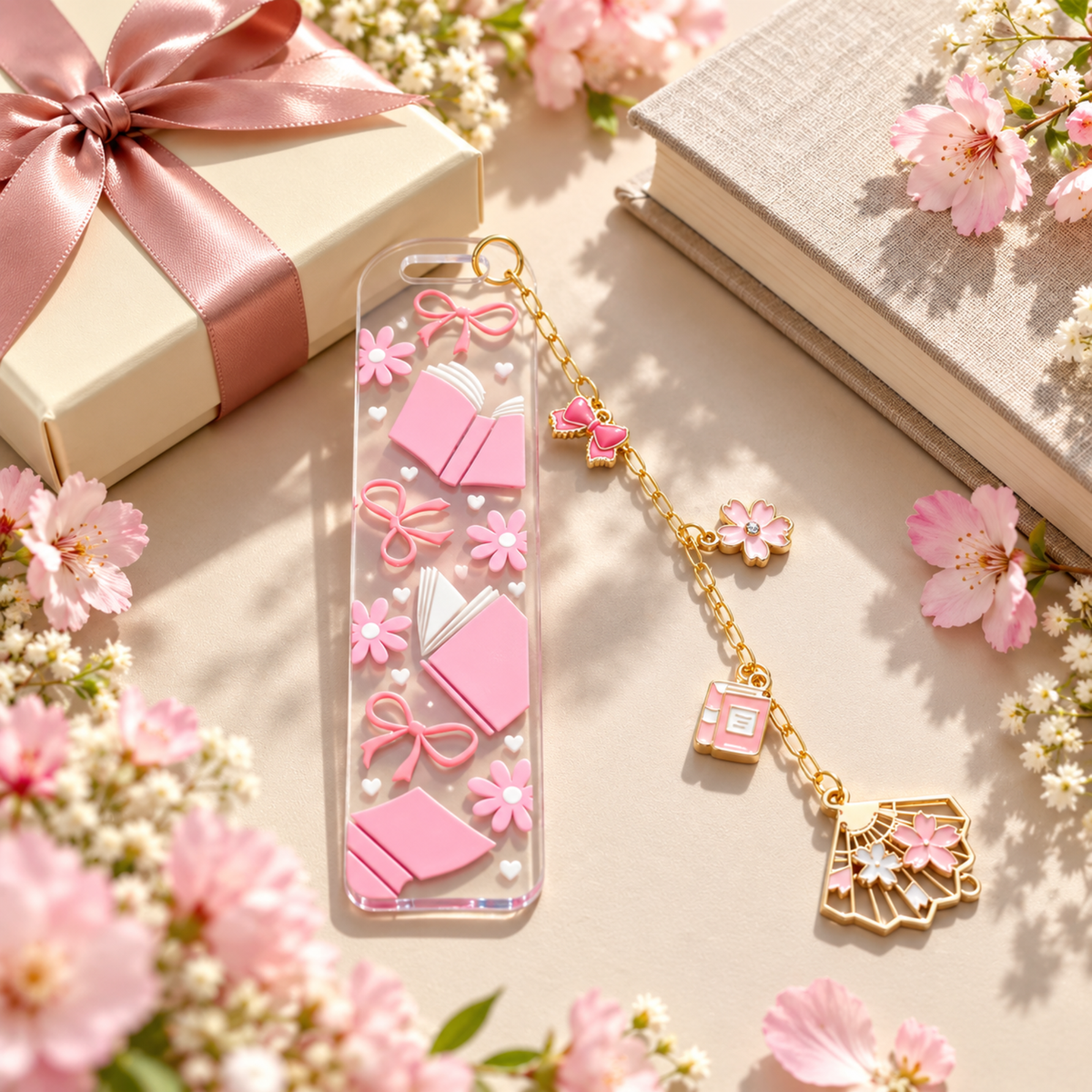 Pink Bookmarks with Charms, Cute Acrylic Bookmark, Coquette Bow Bookmark, Cherry Blossom Floral Bookmark, Book Lover Gift, Aesthetic Reading Gift