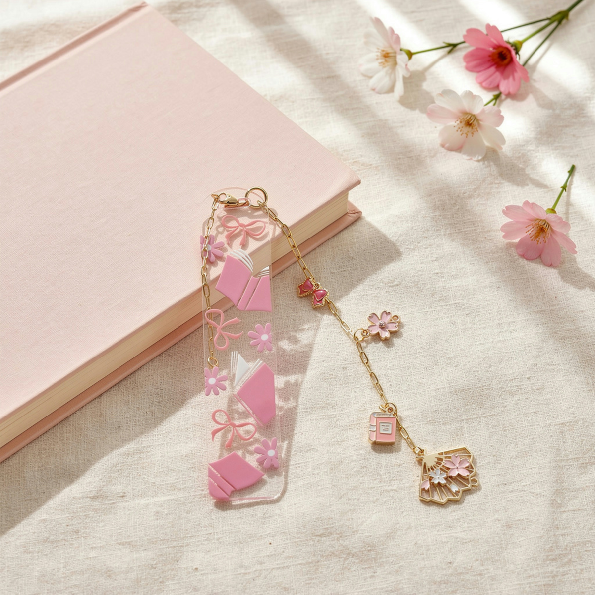 Pink Bookmarks with Charms, Cute Acrylic Bookmark, Coquette Bow Bookmark, Cherry Blossom Floral Bookmark, Book Lover Gift, Aesthetic Reading Gift