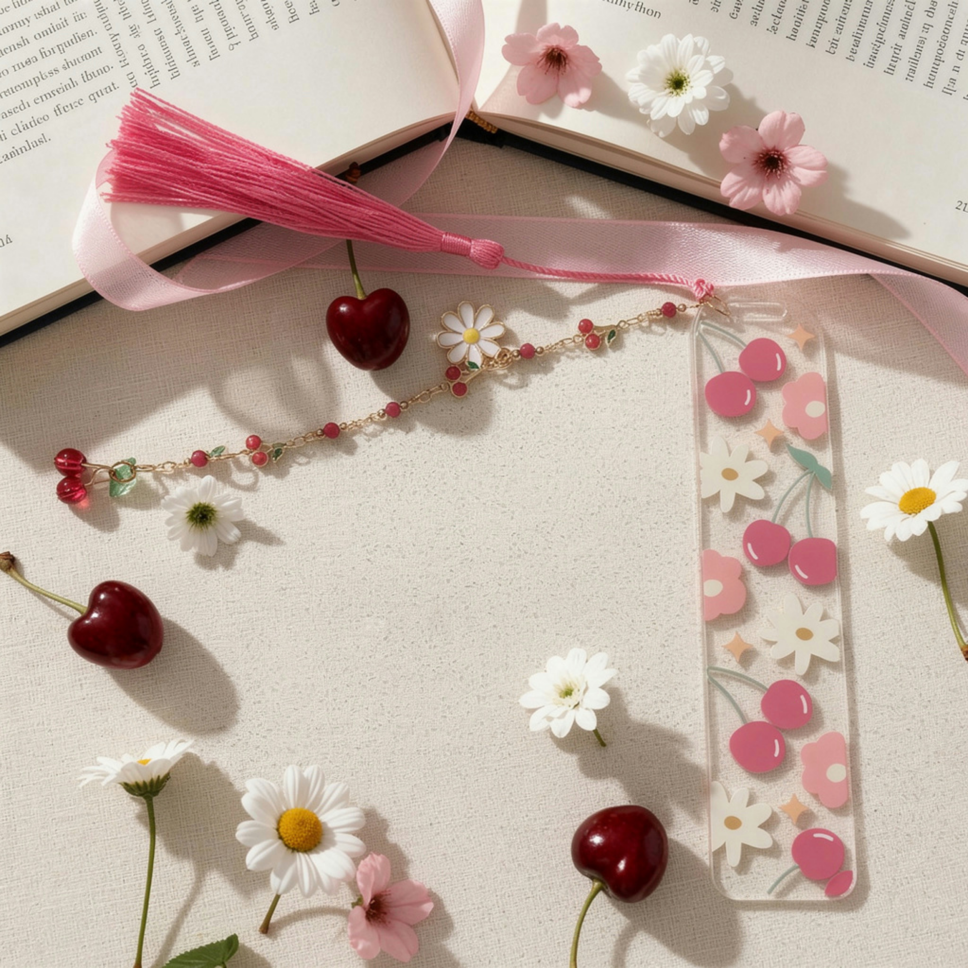 Cherry Bookmark. Cherry Book Lover Gift. Cherry Lover Acrylic Bookmark. Cherries Bookmark with Charms. Cherry Blossom Bookmark