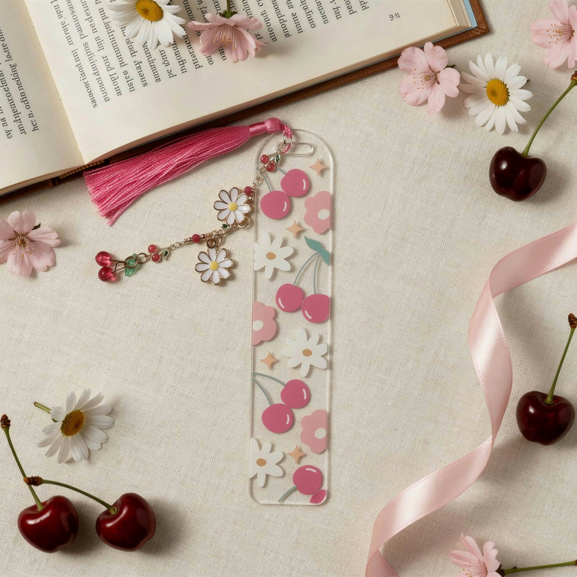 Cherry Bookmark. Cherry Book Lover Gift. Cherry Lover Acrylic Bookmark. Cherries Bookmark with Charms. Cherry Blossom Bookmark