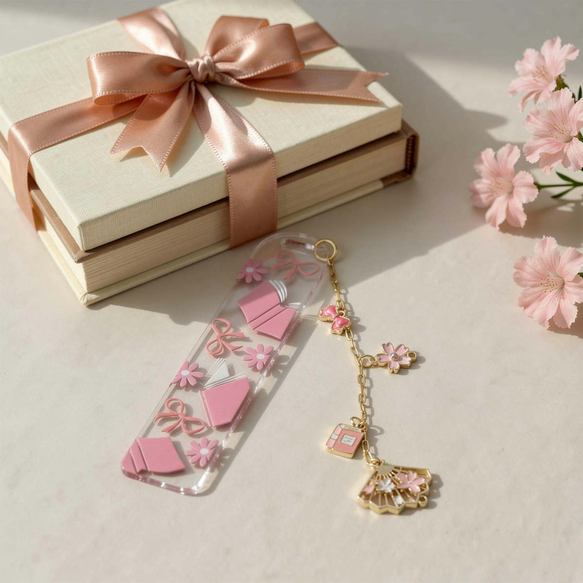 Pink Bookmarks with Charms, Cute Acrylic Bookmark, Coquette Bow Bookmark, Cherry Blossom Floral Bookmark, Book Lover Gift, Aesthetic Reading Gift