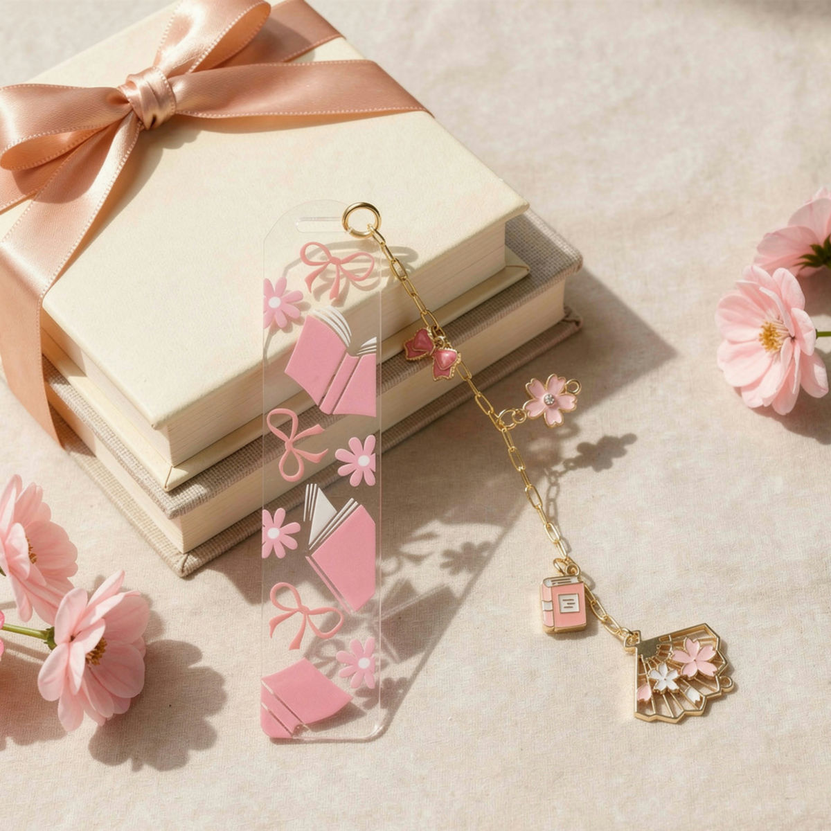 Pink Bookmarks with Charms, Cute Acrylic Bookmark, Coquette Bow Bookmark, Cherry Blossom Floral Bookmark, Book Lover Gift, Aesthetic Reading Gift