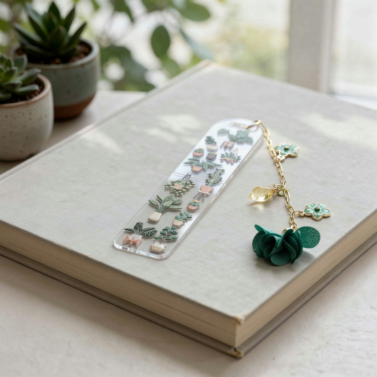 Succulents Bookmark with Charms . Plant Bookmark . Plant Lover Gift . Botanical Bookmark . Plant Lover Bookmark