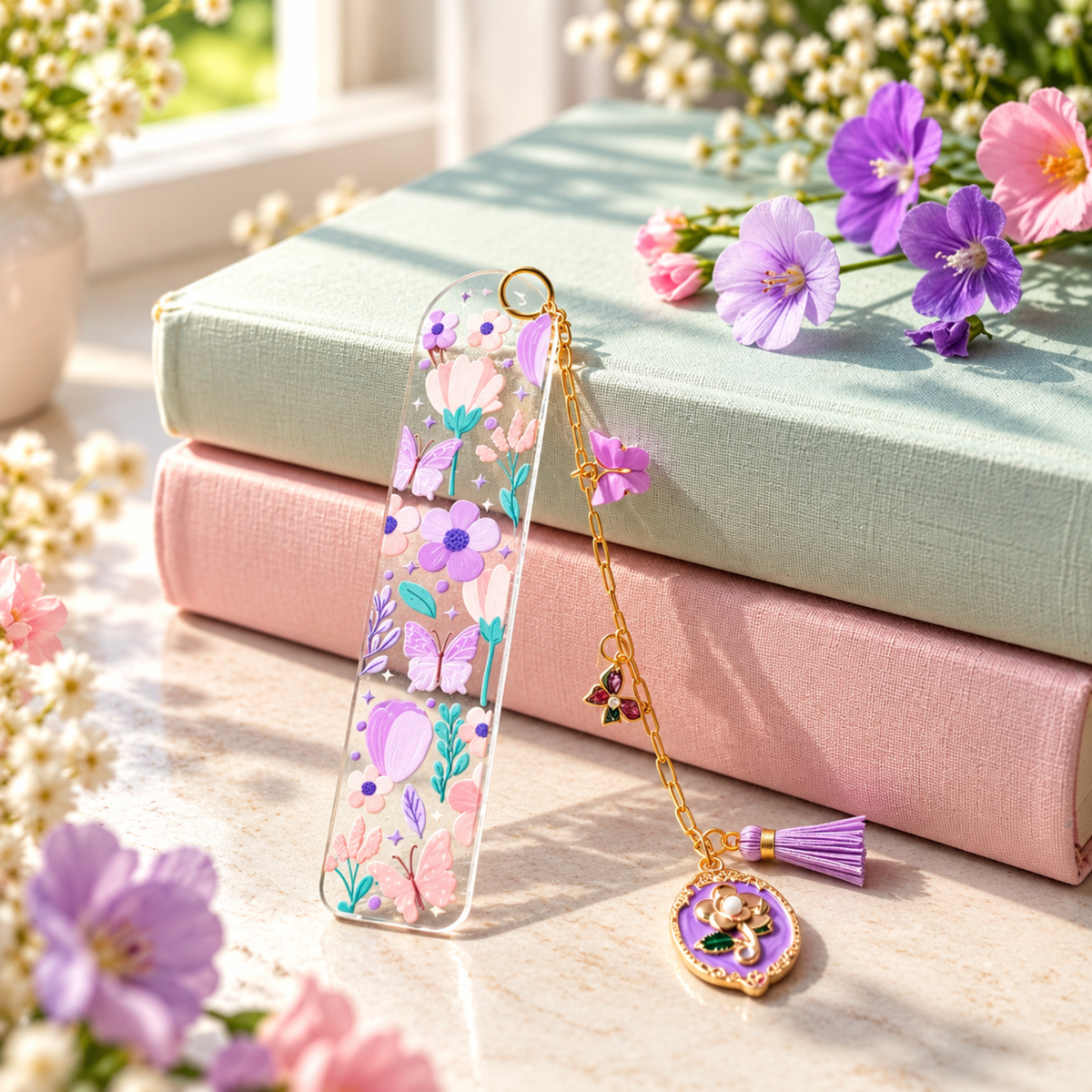 Floral Butterfly Bookmark with Charms . Purple Flower Acrylic Bookmark . Butterfly Lover Book Lover Gift