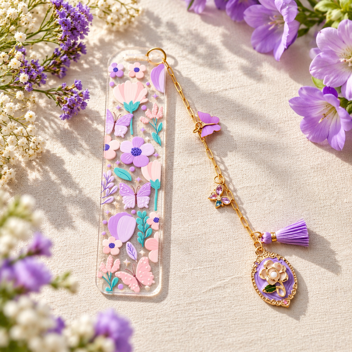 Floral Butterfly Bookmark with Charms . Purple Flower Acrylic Bookmark . Butterfly Lover Book Lover Gift