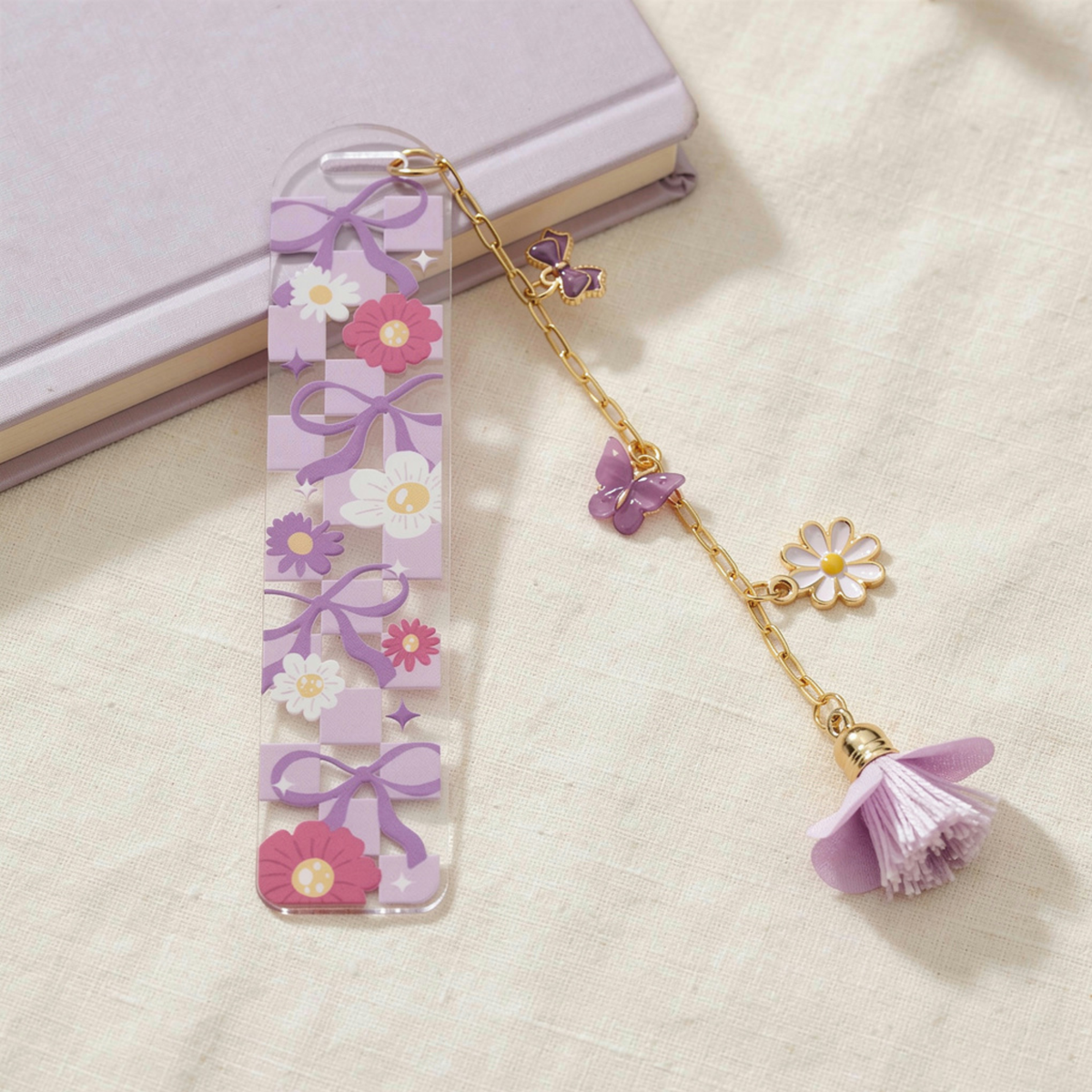 Lavender Floral Bookmark with Charms