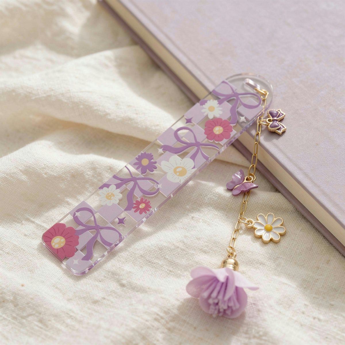 Lavender Floral Bookmark with Charms