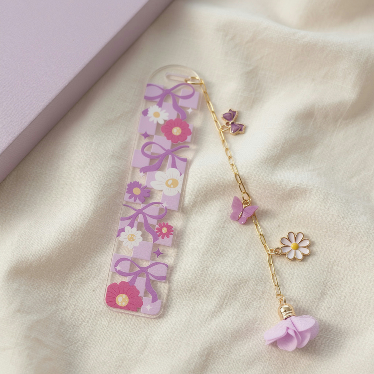 Lavender Floral Bookmark with Charms