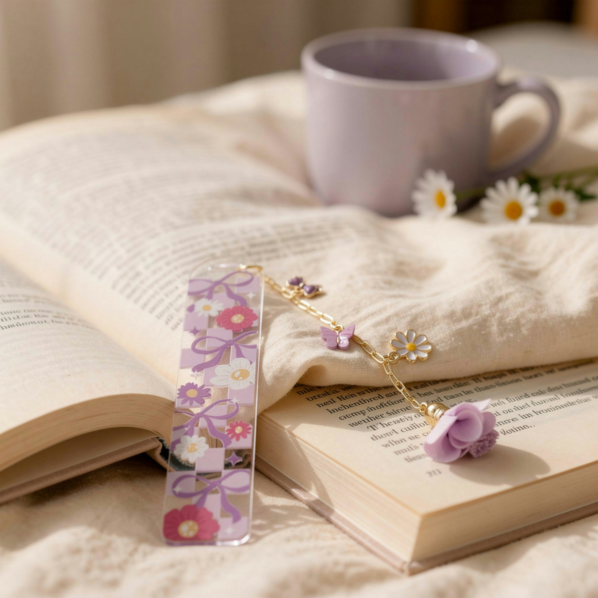 Lavender Floral Bookmark with Charms