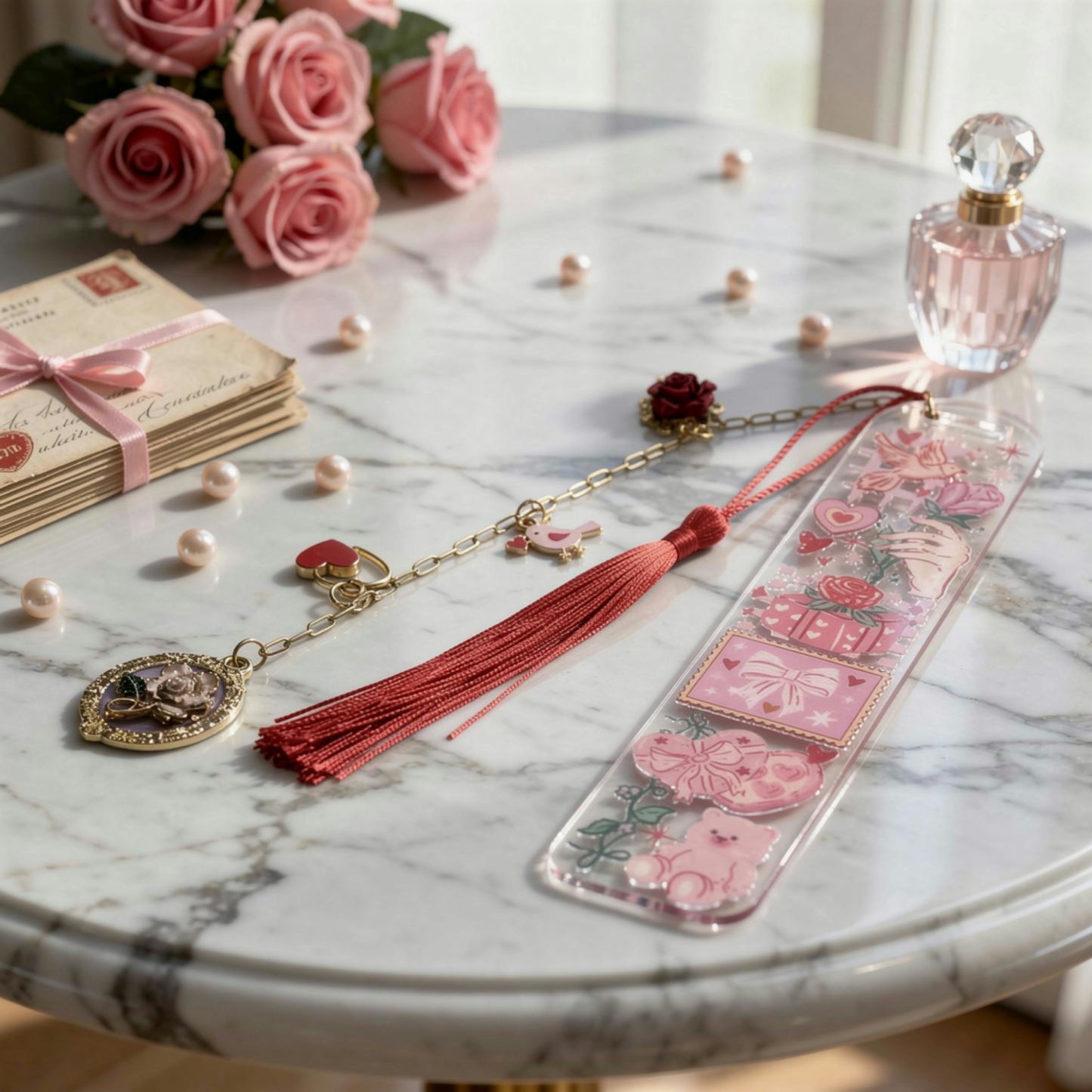 Romantic Bookmark. Valentine Bookmark with Charm. Love Letter Bookmark Love Themed Bookmark Romantic Bookmark for Readers Pink Love Bookmark