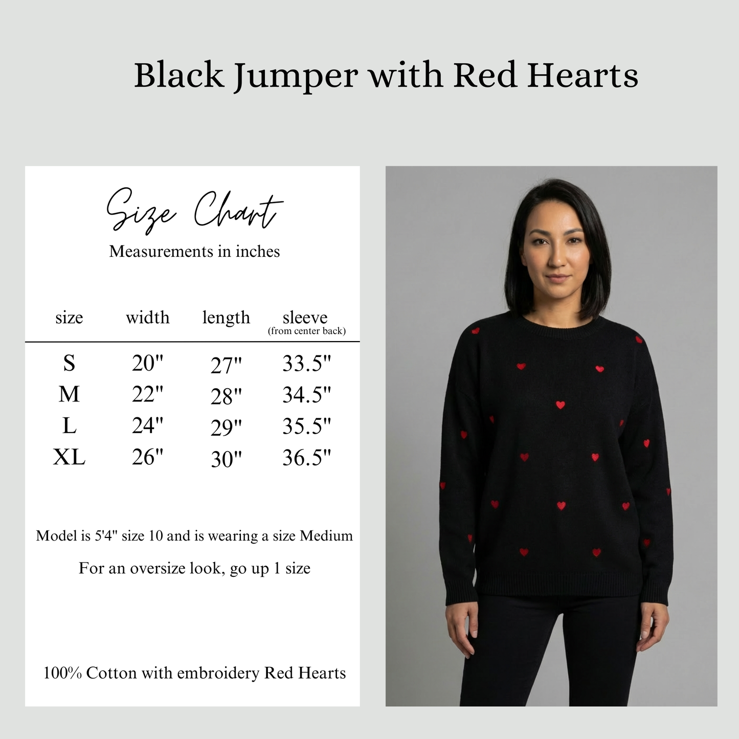 Sizing guide Black Jumper with Red Hearts