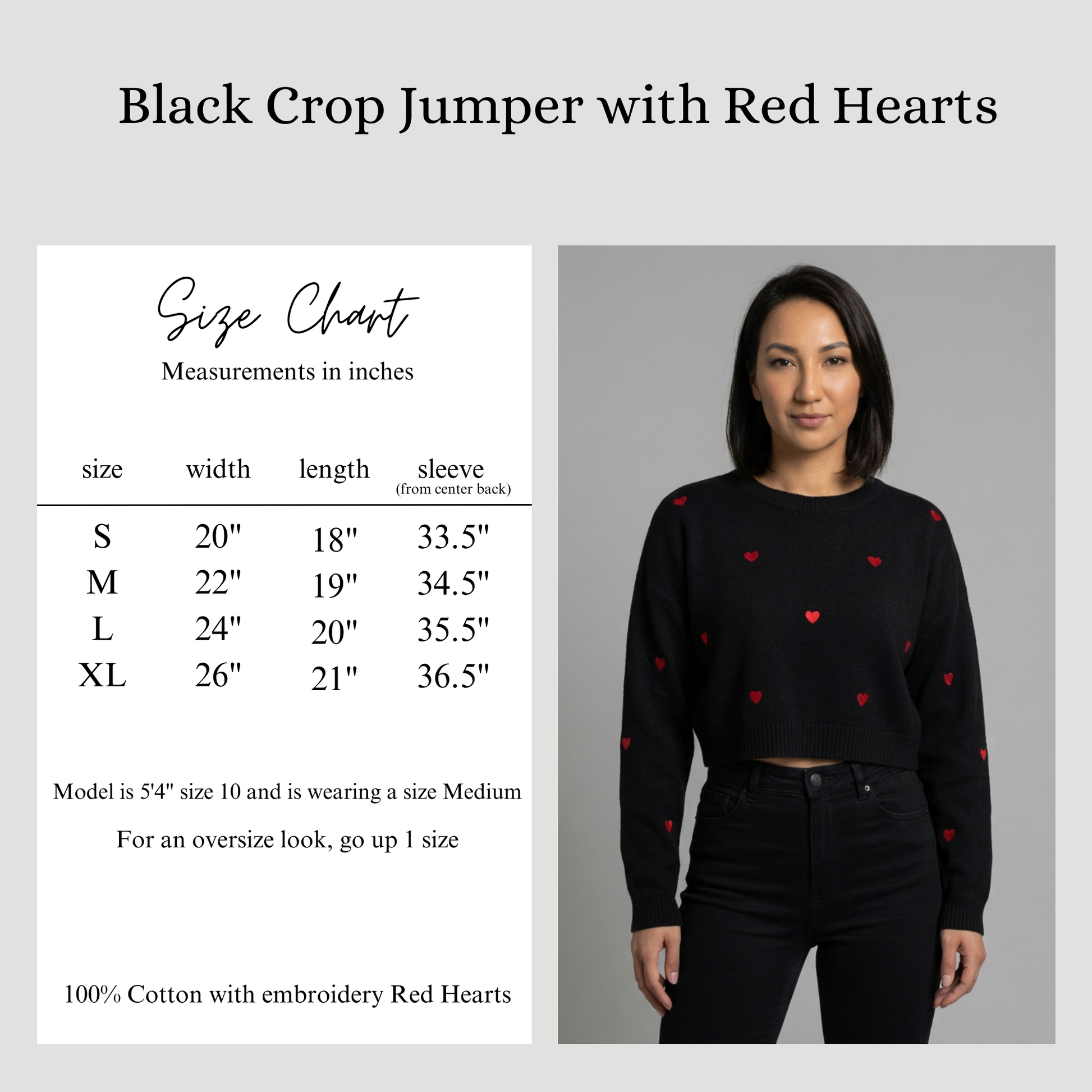 Size guide for Black Jumper with Red Hearts