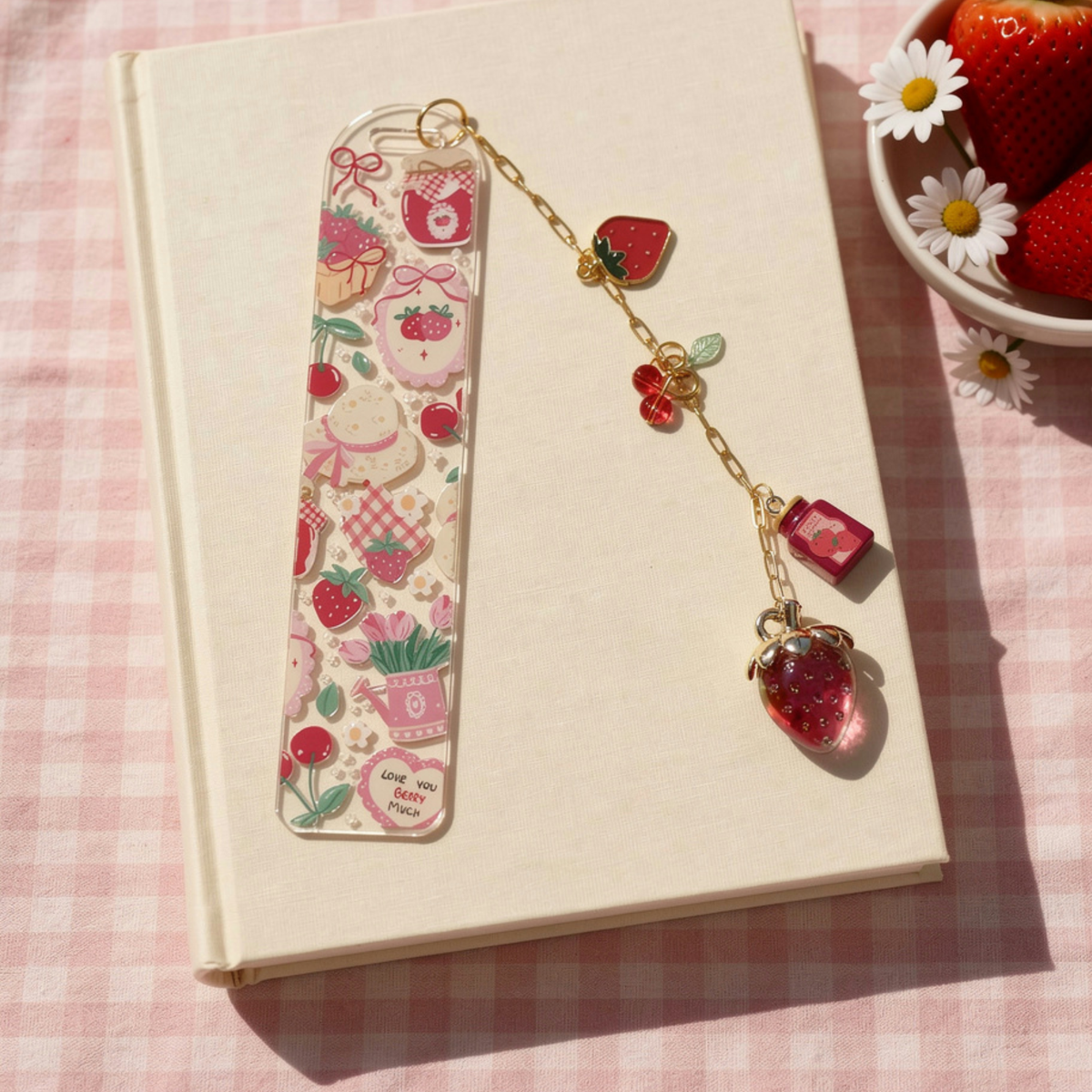 Strawberry Bookmark, Personalised Strawberry Bookmark with Charms, Cute Acrylic Bookmark, Kawaii Fruit Bookmark, Book Lover Gift, Coquette Gift