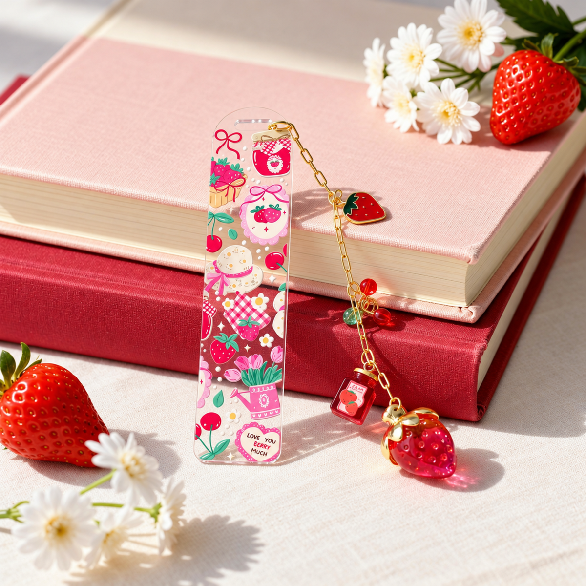 Strawberry Bookmark, Personalised Strawberry Bookmark with Charms, Cute Acrylic Bookmark, Kawaii Fruit Bookmark, Book Lover Gift, Coquette Gift